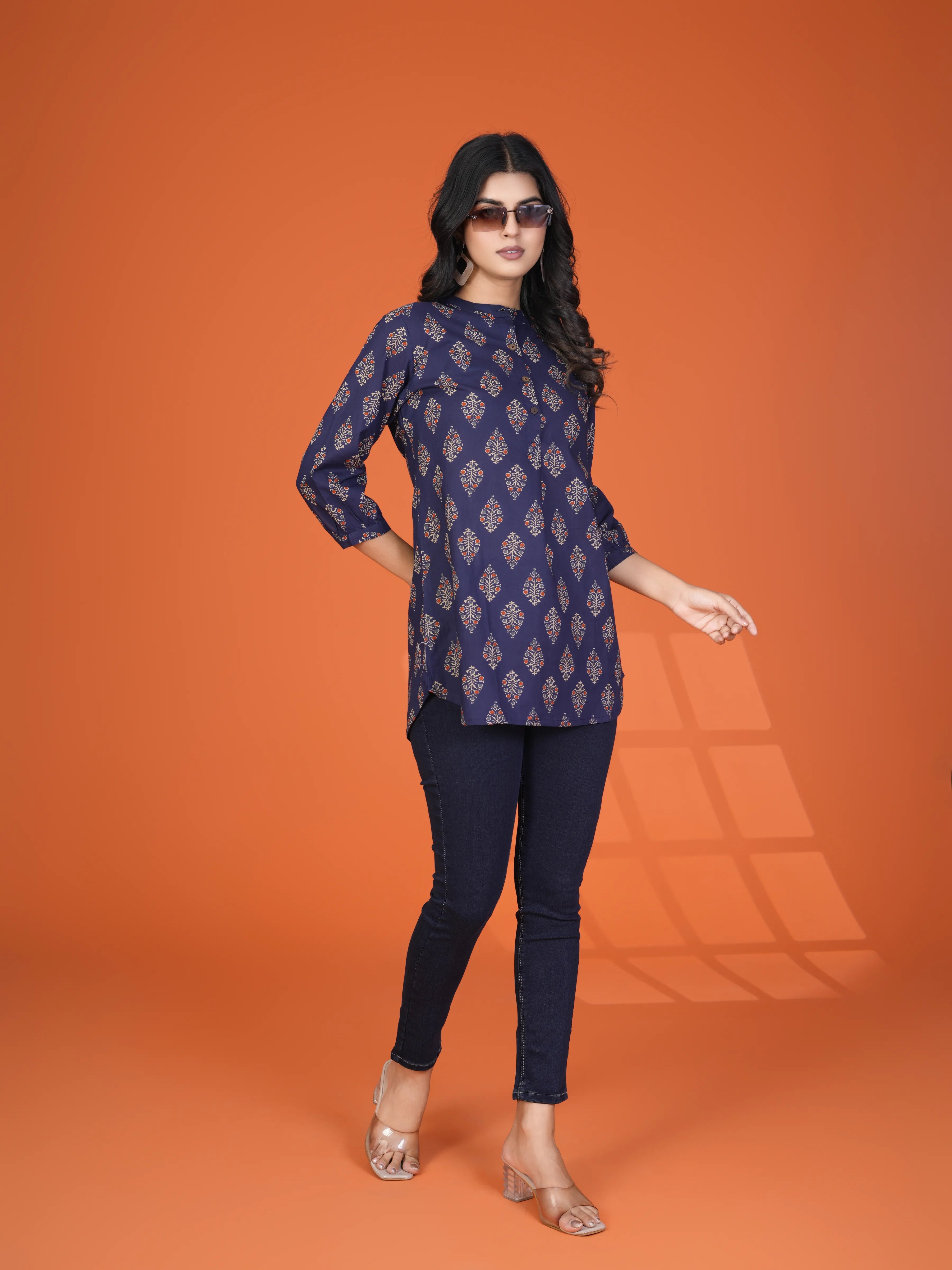 Navy Blue Handblock Print Short Kurti in Cotton Cambric