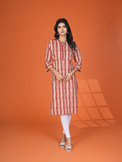 Red & Beige Block Print Cotton Kurta