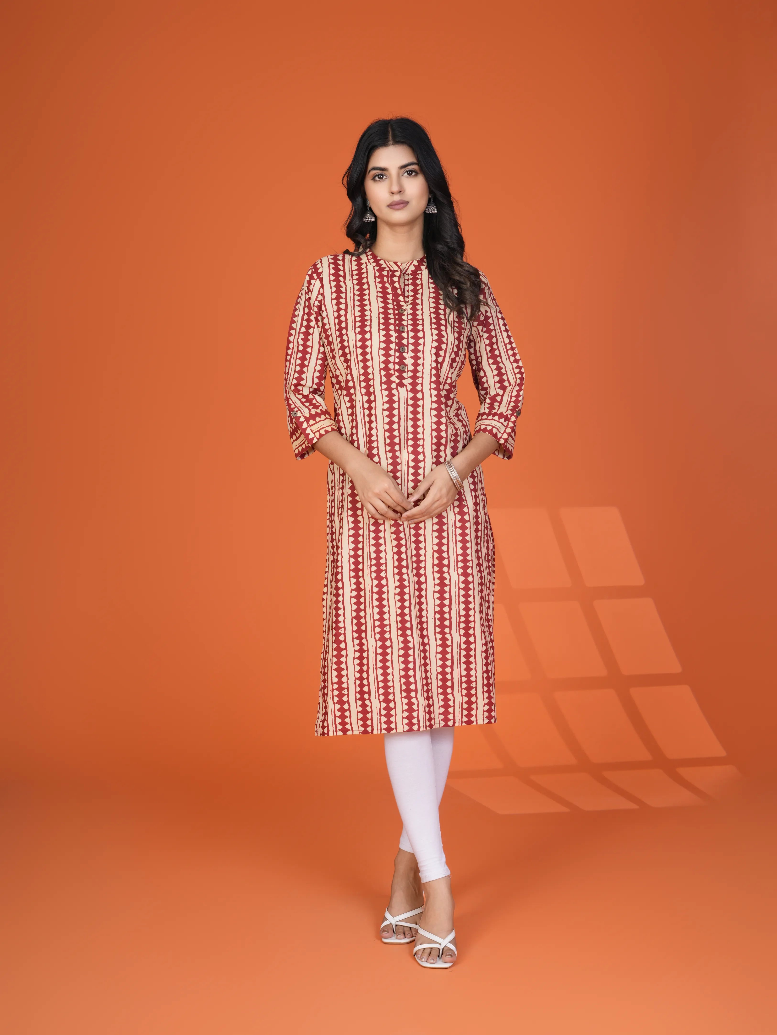 Red & Beige Block Print Cotton Kurta