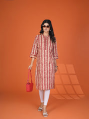 Red & Beige Block Print Cotton Kurta