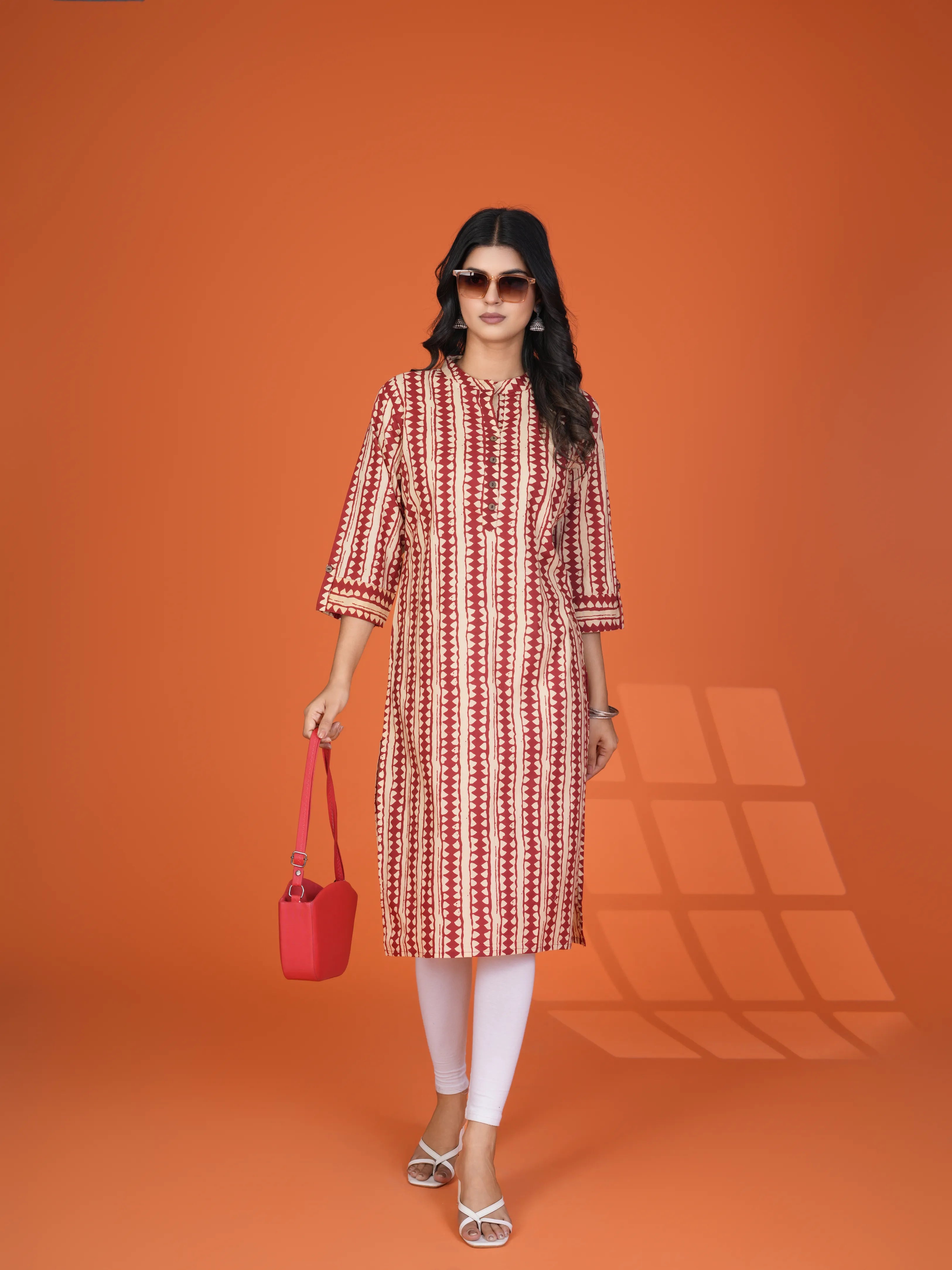 Red & Beige Block Print Cotton Kurta