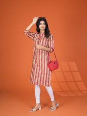 Red & Beige Block Print Cotton Kurta