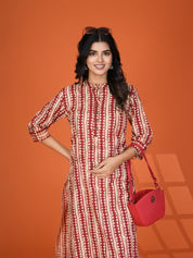 Red & Beige Block Print Cotton Kurta