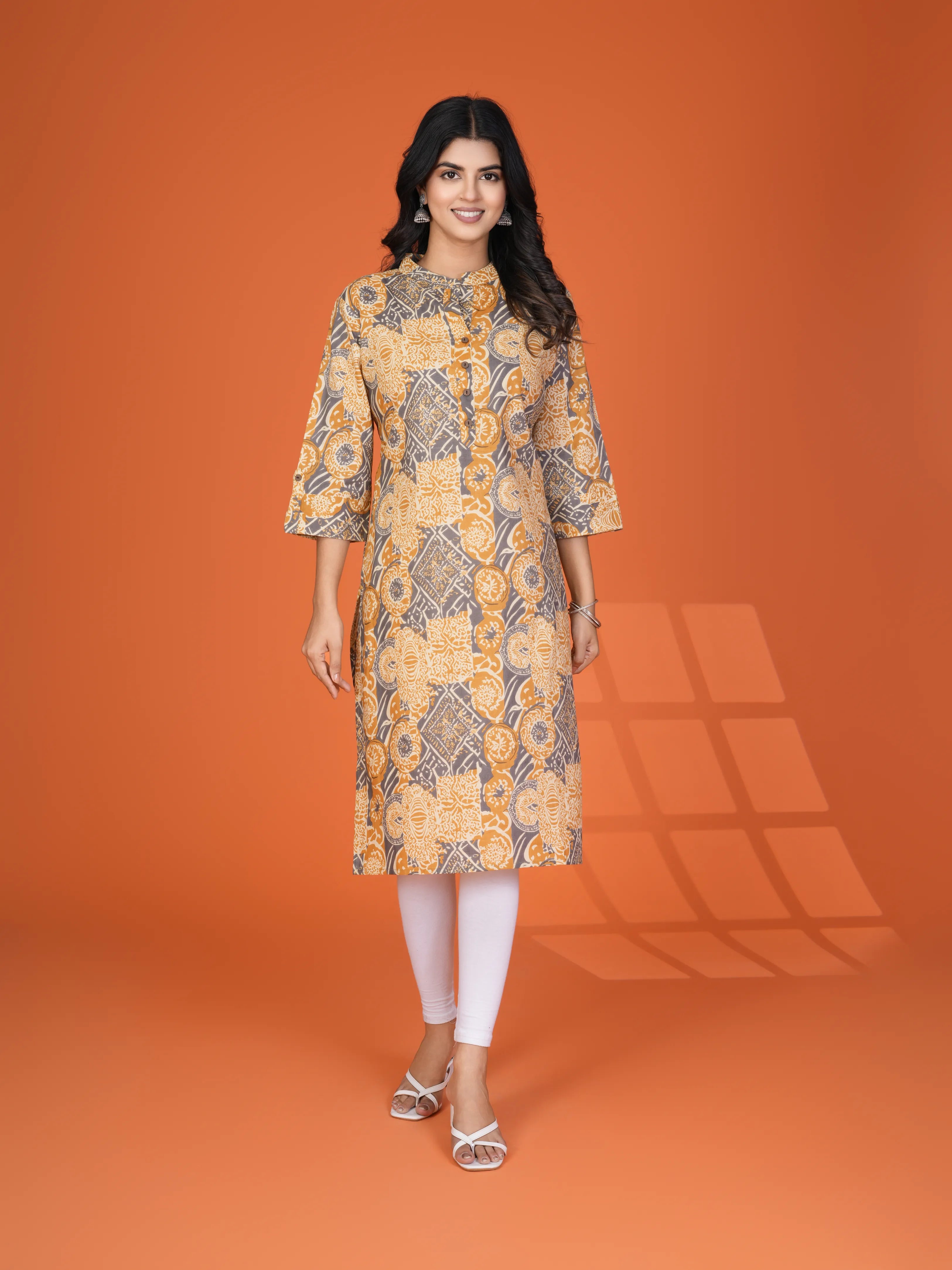 Yellow & Grey Block Print Cotton Kurta