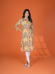 Yellow & Grey Block Print Cotton Kurta
