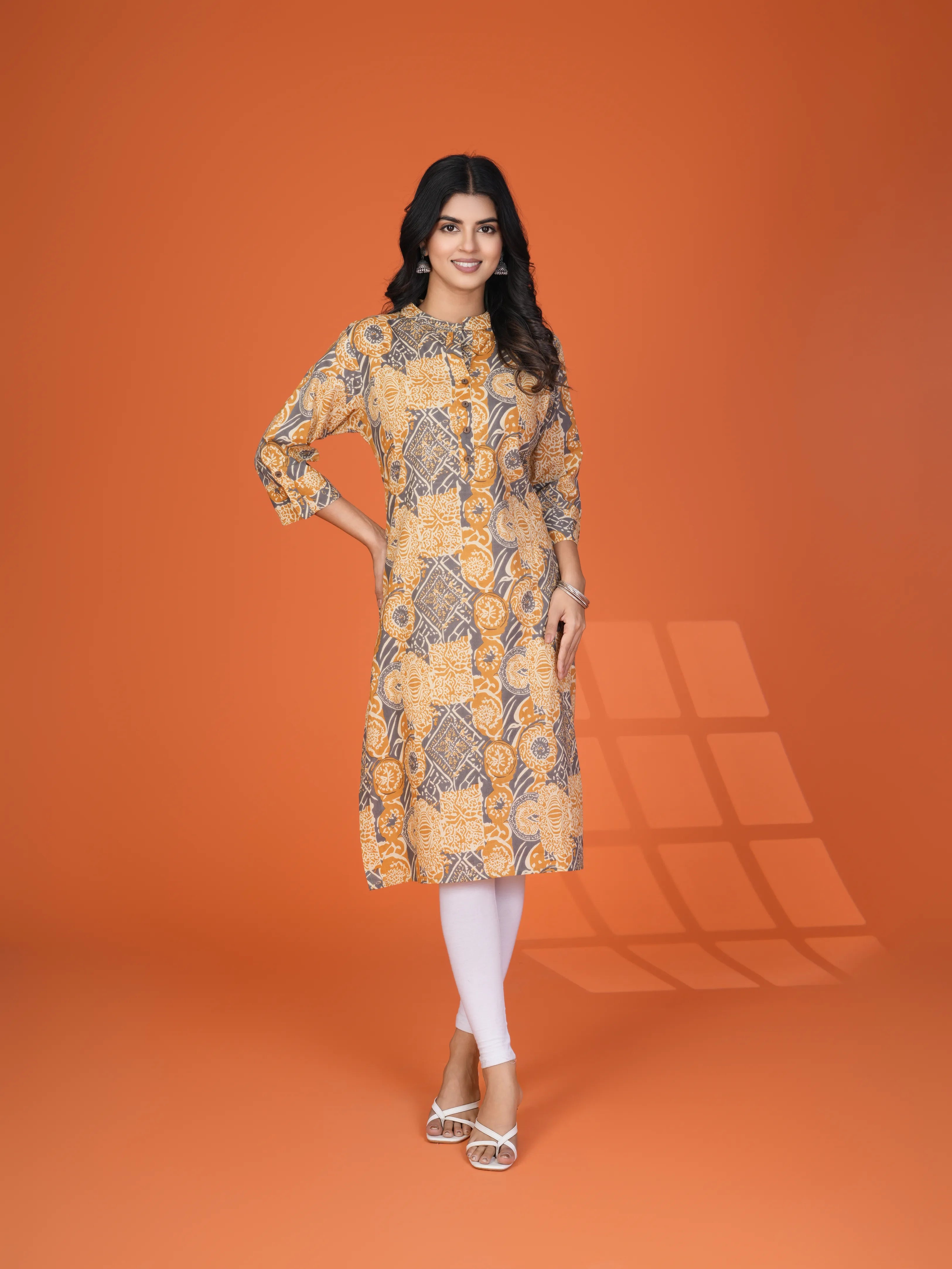 Yellow & Grey Block Print Cotton Kurta
