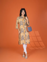 Yellow & Grey Block Print Cotton Kurta