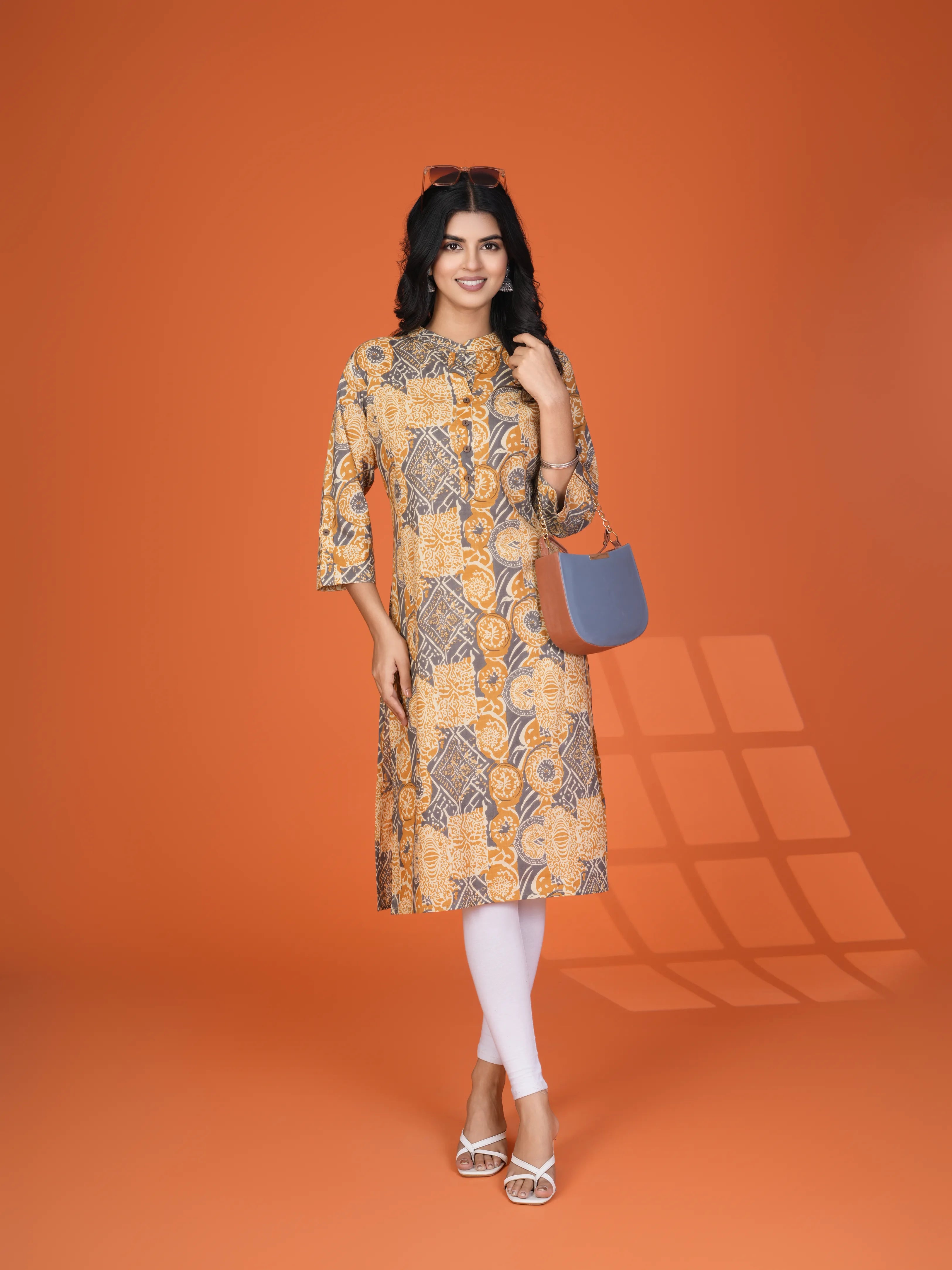 Yellow & Grey Block Print Cotton Kurta