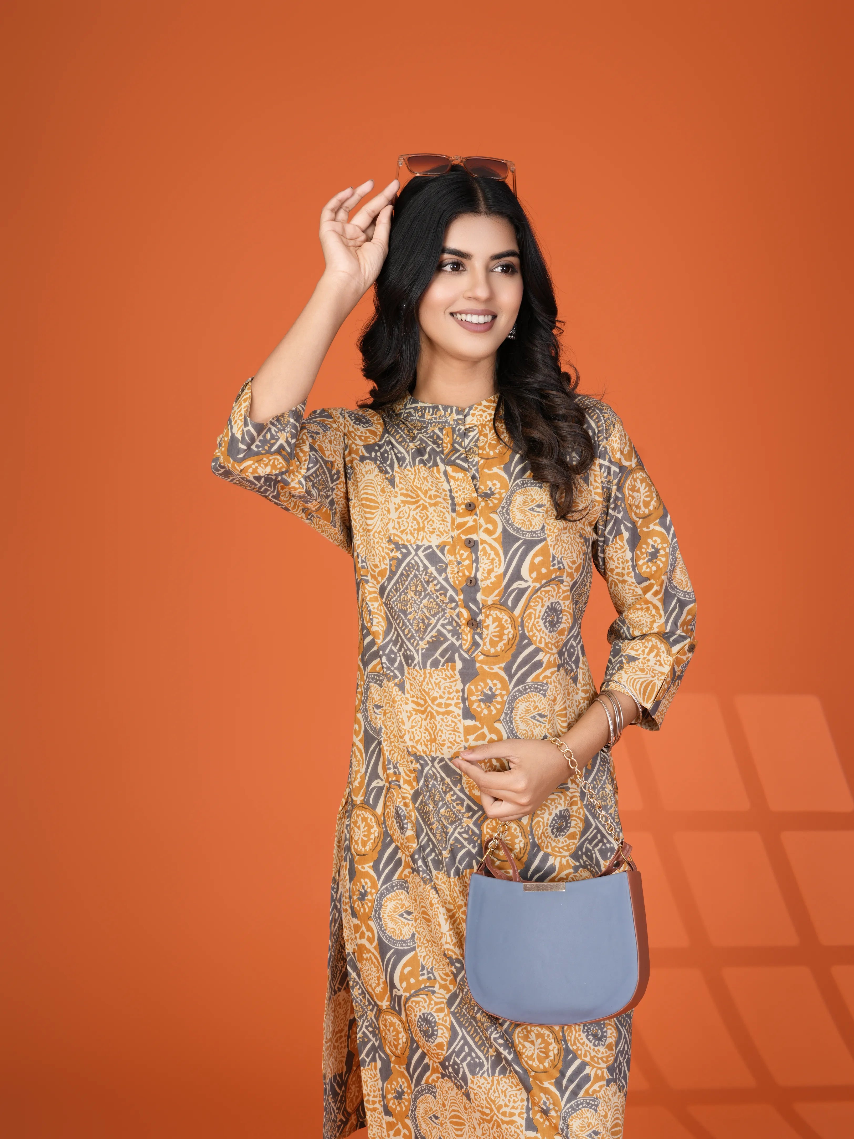 Yellow & Grey Block Print Cotton Kurta