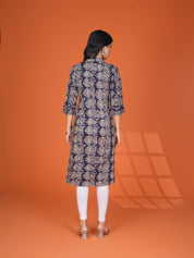 Deep Blue Leafy Block Print Cotton Kurta