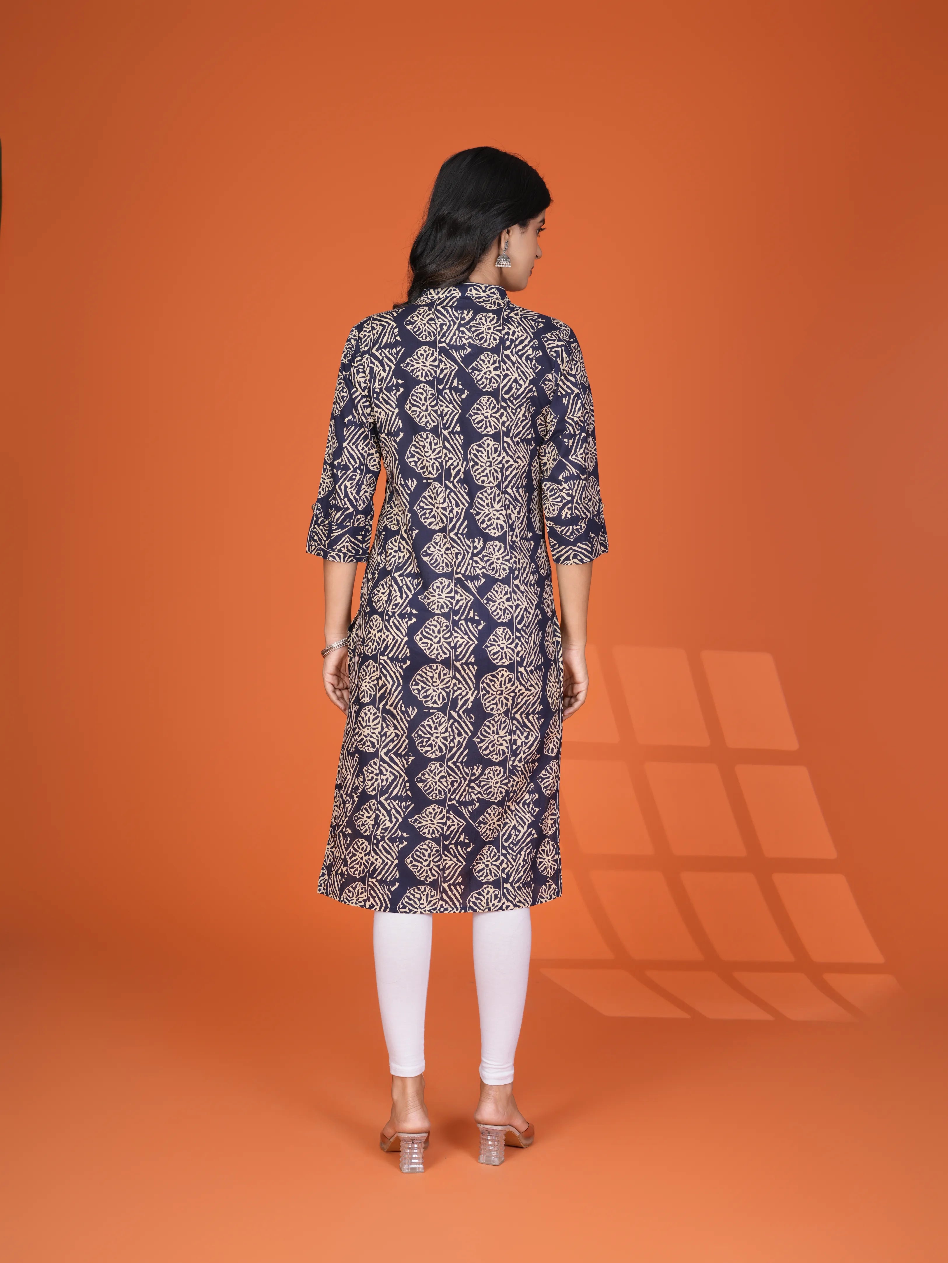 Deep Blue Leafy Block Print Cotton Kurta