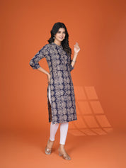 Deep Blue Leafy Block Print Cotton Kurta