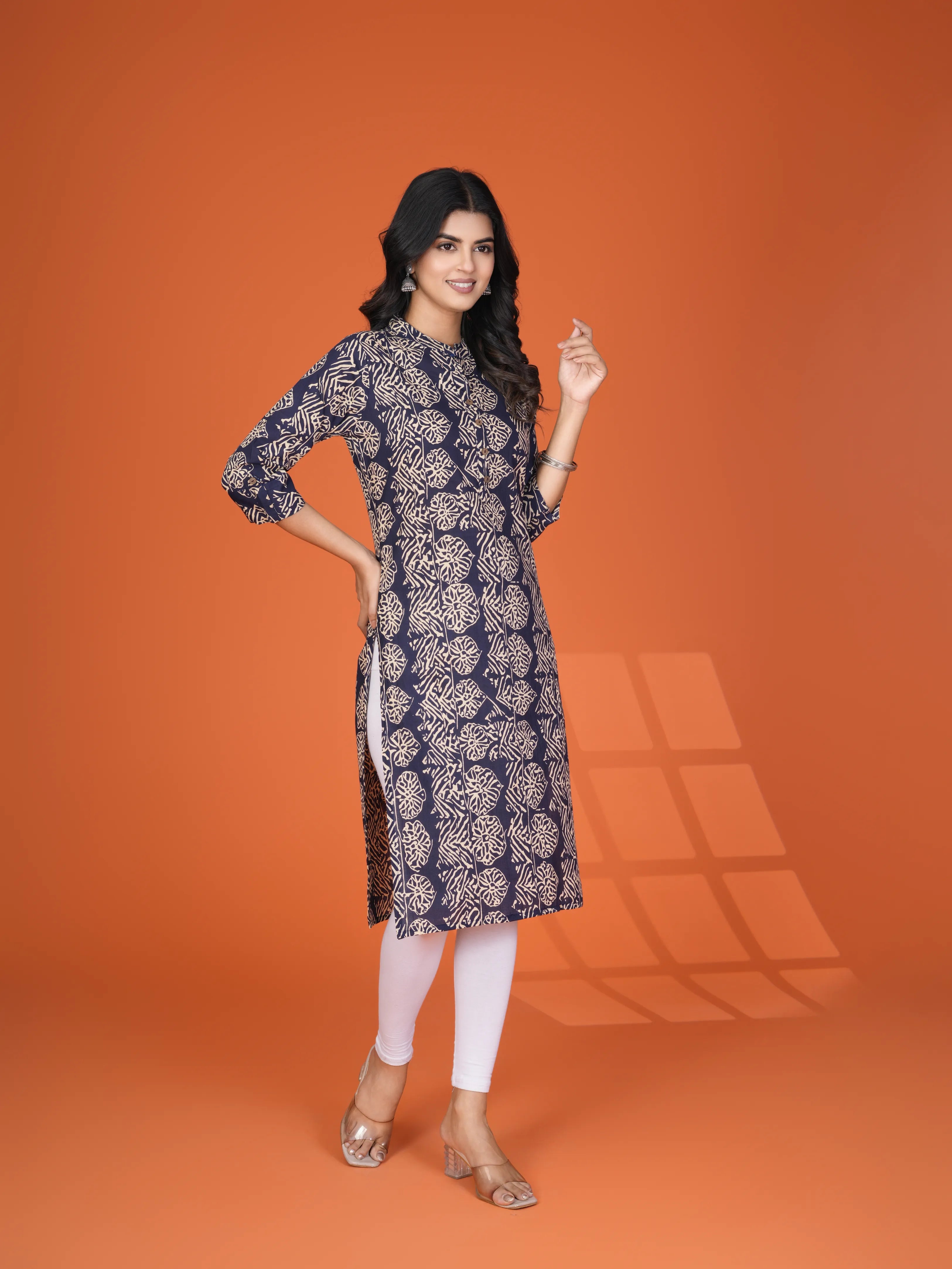 Deep Blue Leafy Block Print Cotton Kurta
