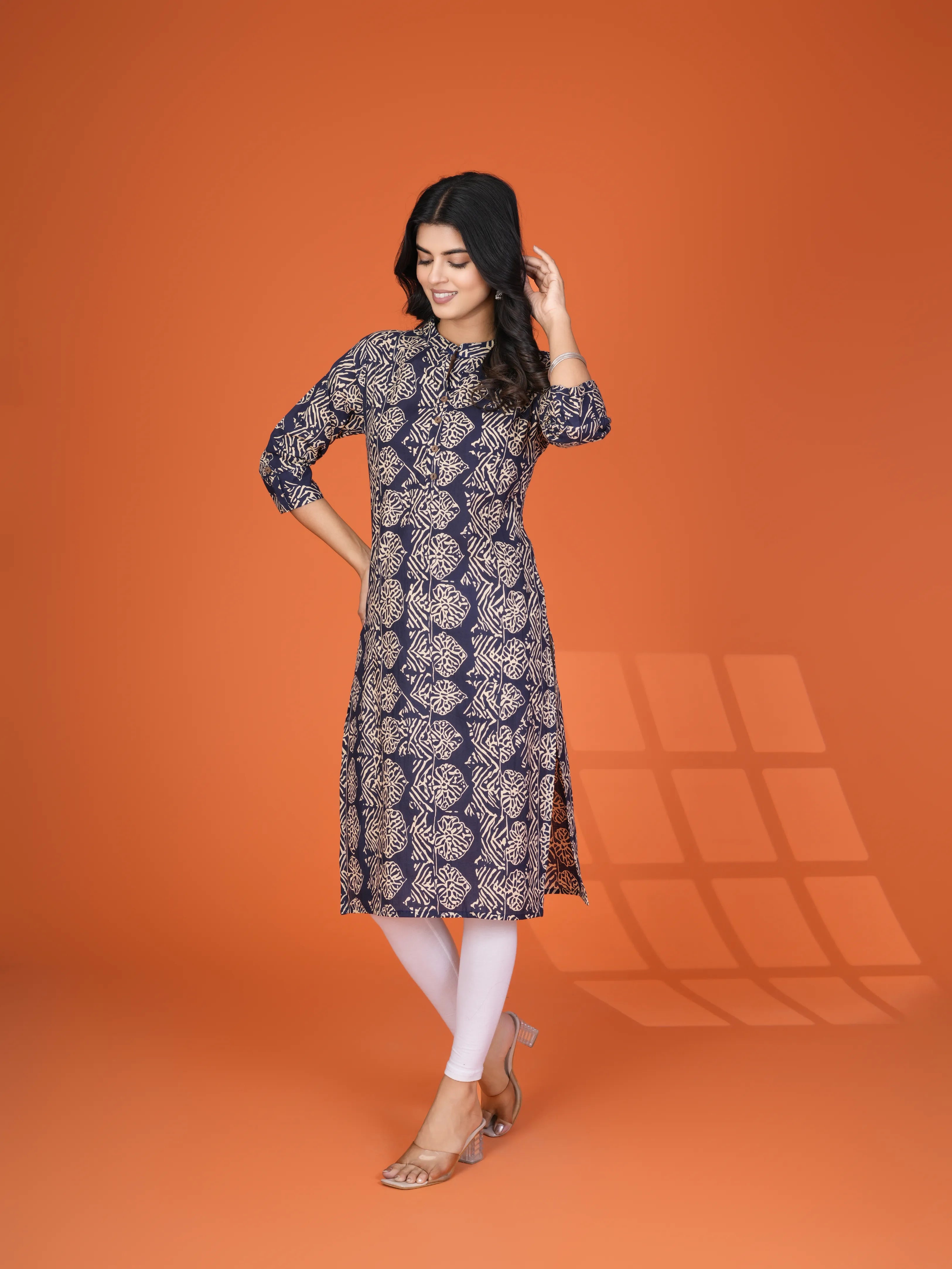 Deep Blue Leafy Block Print Cotton Kurta