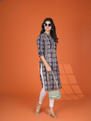 Deep Blue Leafy Block Print Cotton Kurta