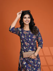 Kalamkari Print Navy Blue Cotton Kurta