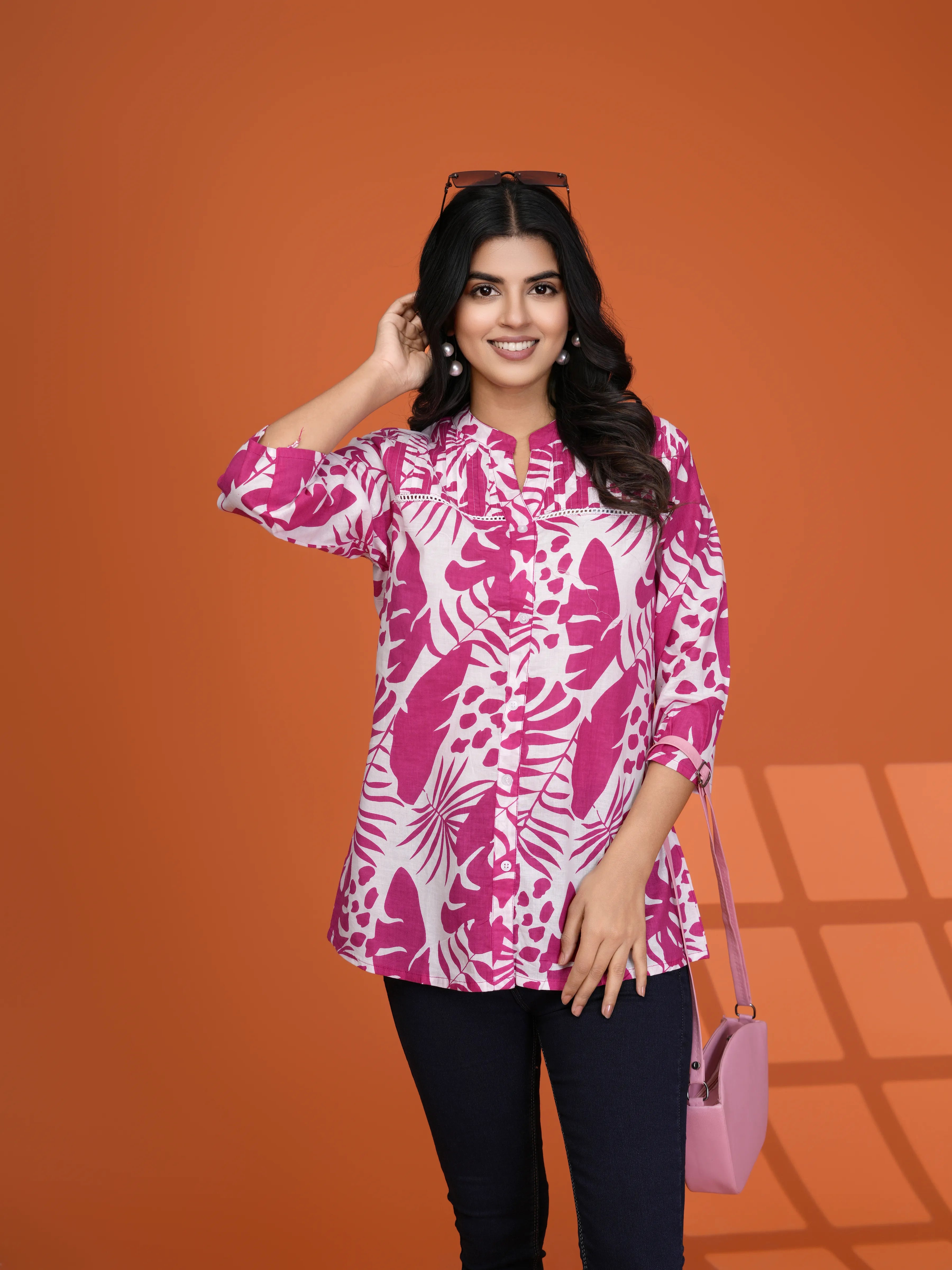 Magenta Leaf Print Pintuck Kurti