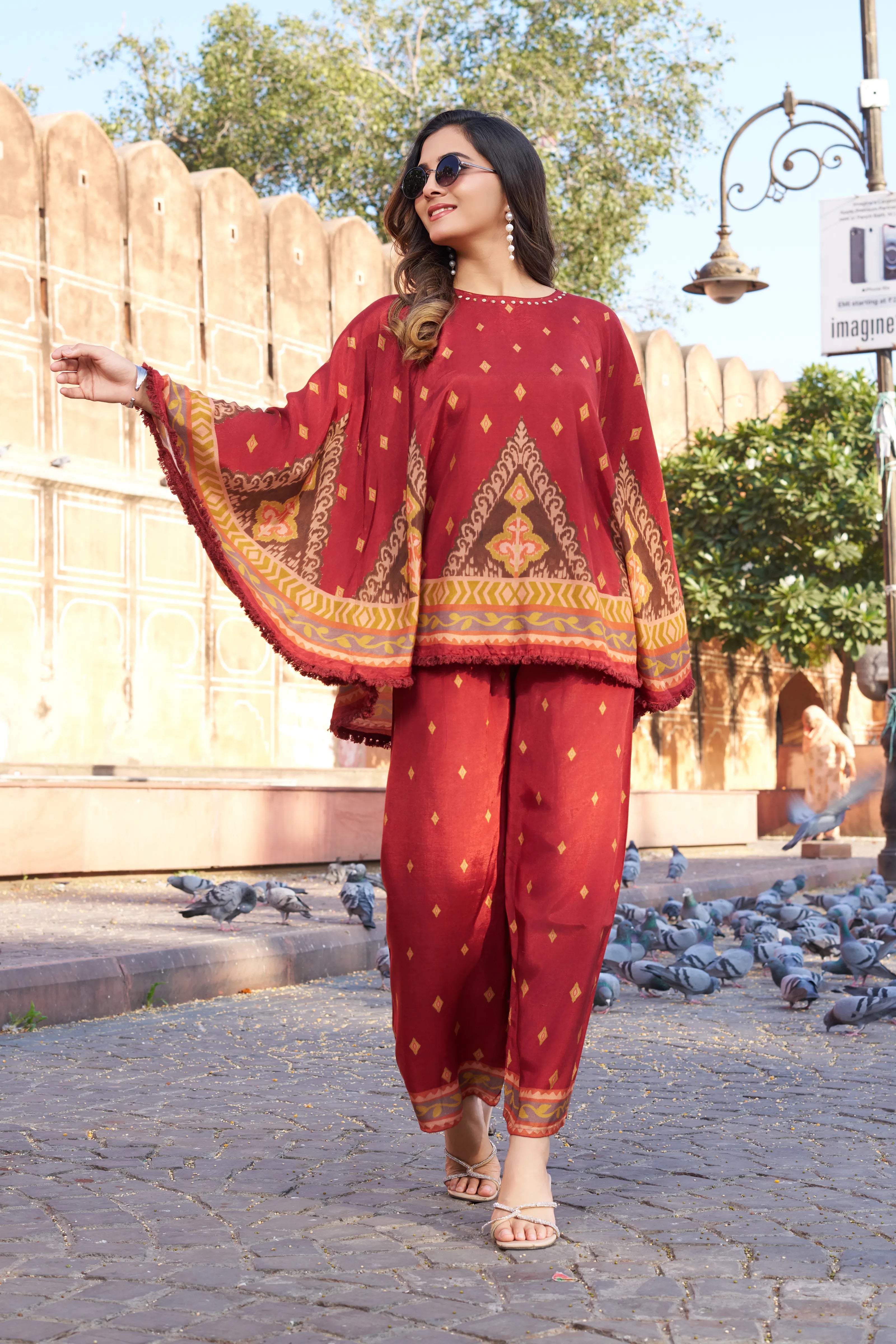 Rust Red Geometric Border Sequin Co-ord Set in Viscose Silk