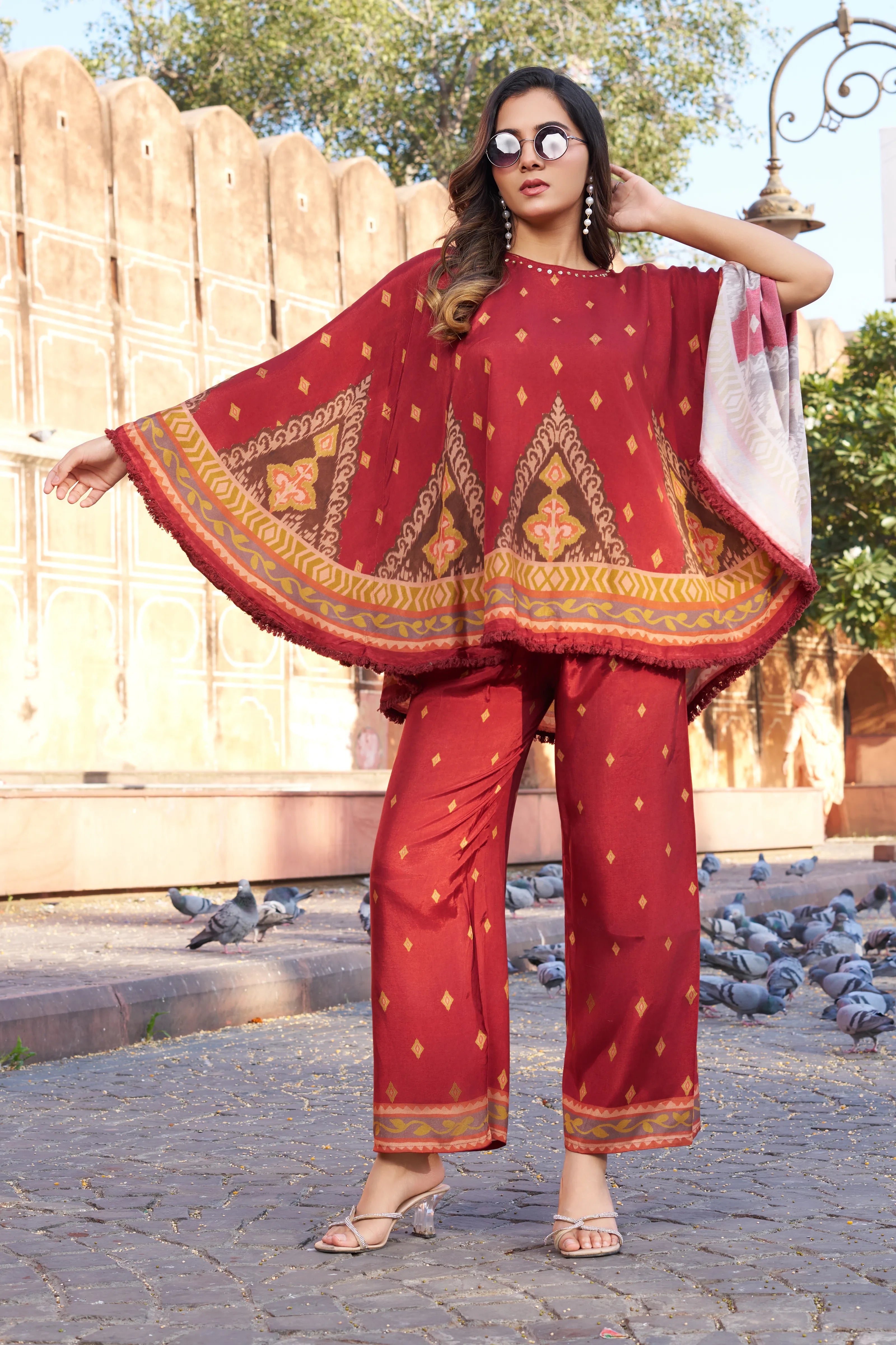 Rust Red Geometric Border Sequin Co-ord Set in Viscose Silk