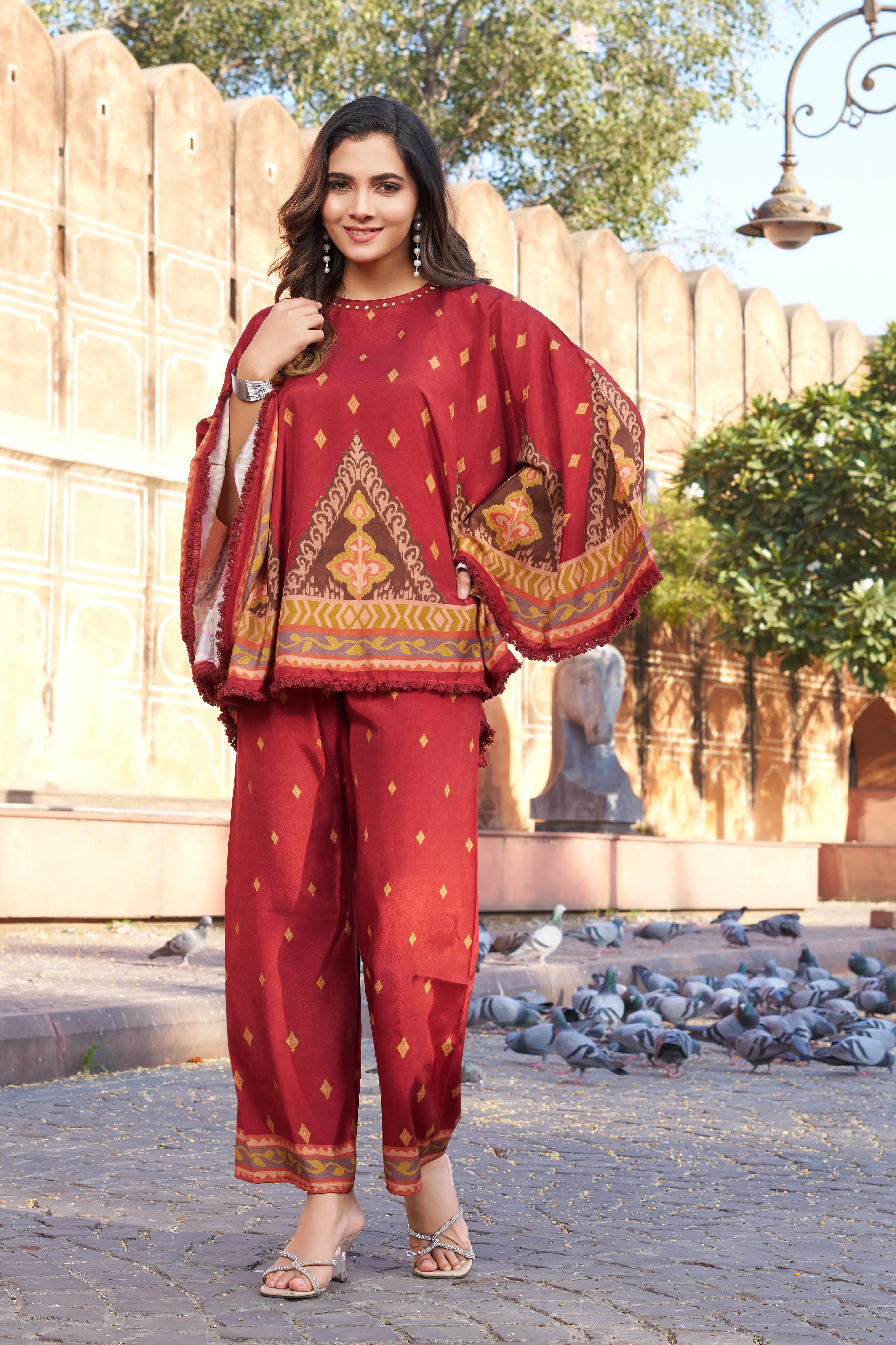 Rust Red Geometric Border Sequin Co-ord Set in Viscose Silk