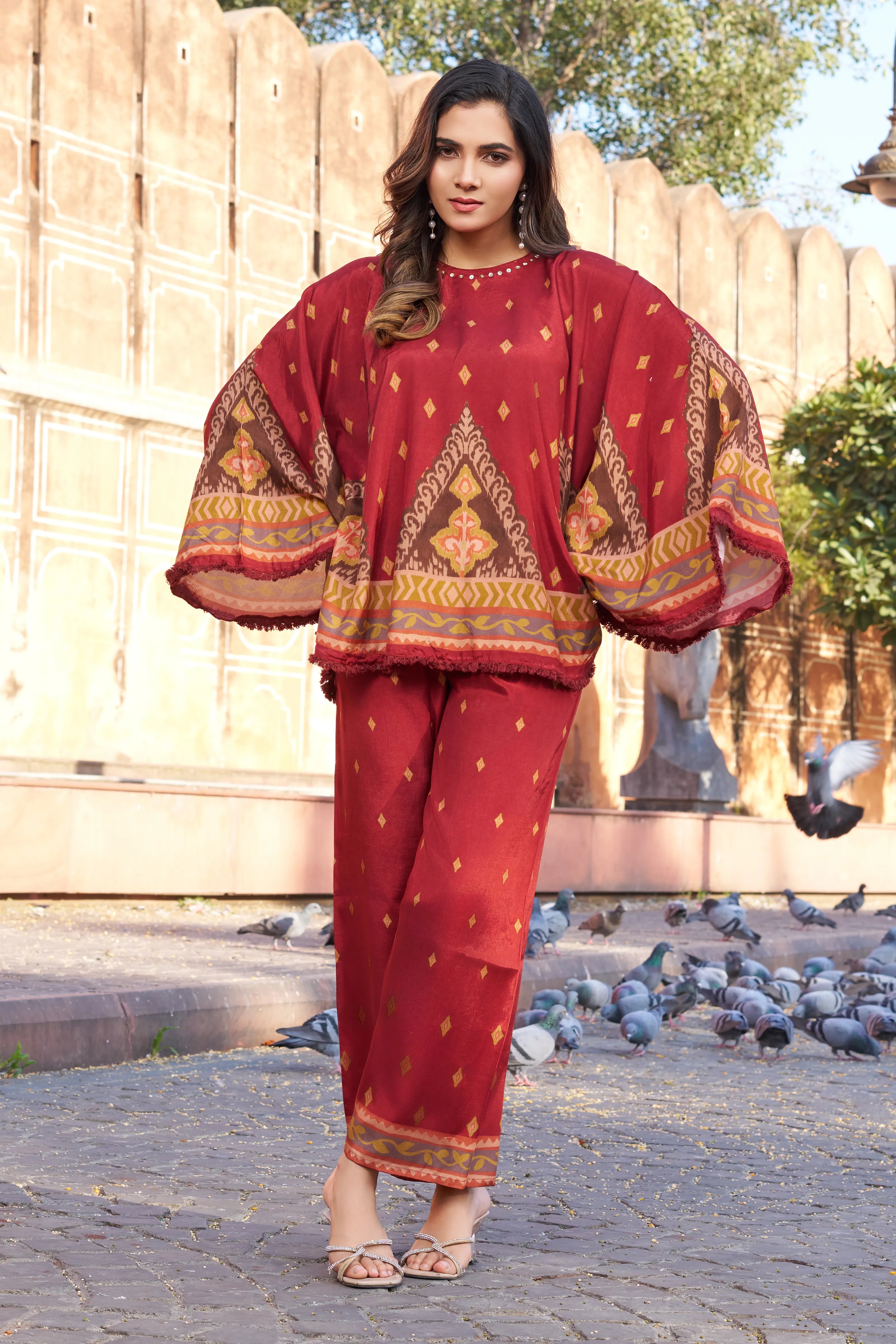 Rust Red Geometric Border Sequin Co-ord Set in Viscose Silk