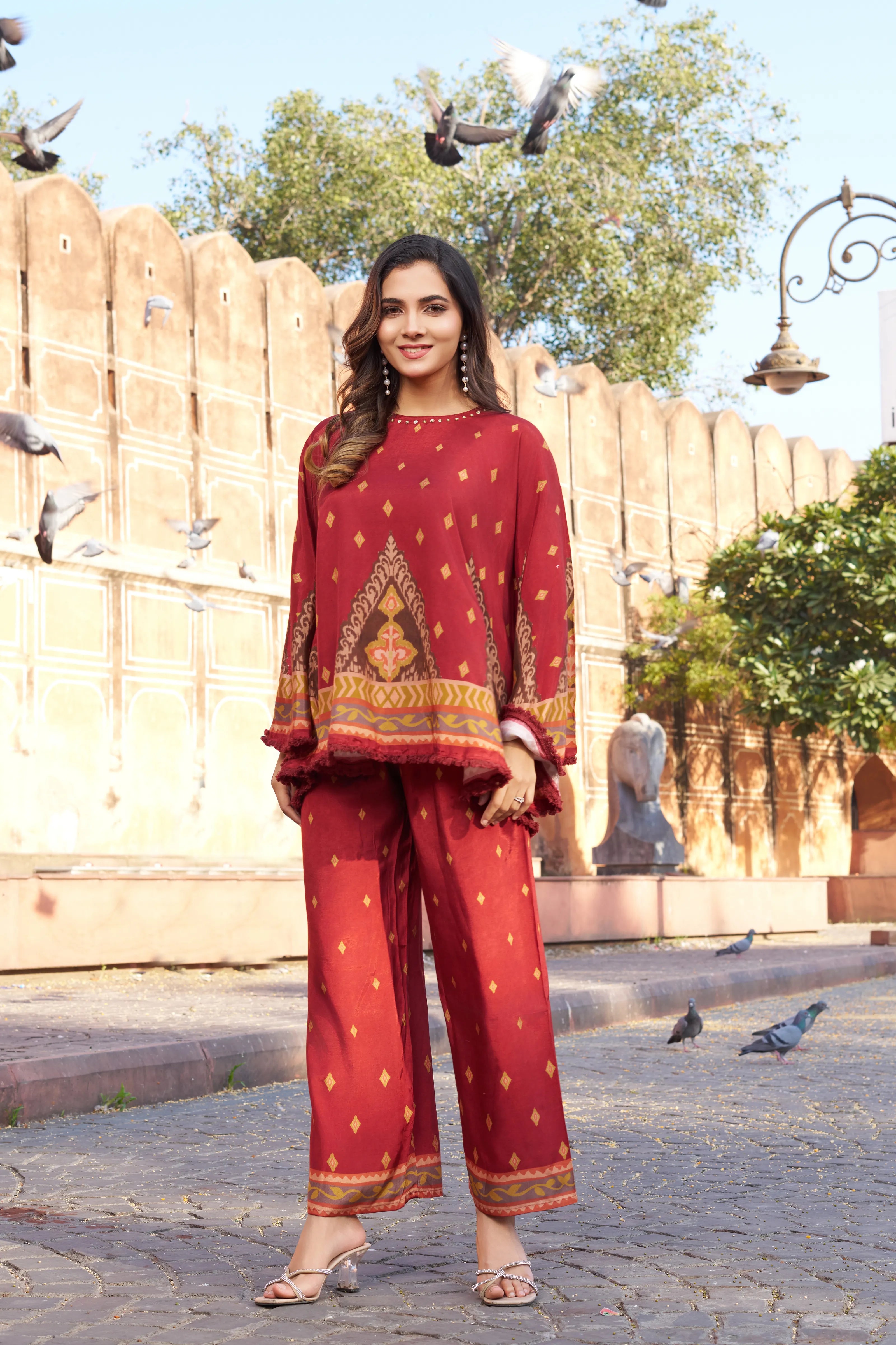 Rust Red Geometric Border Sequin Co-ord Set in Viscose Silk