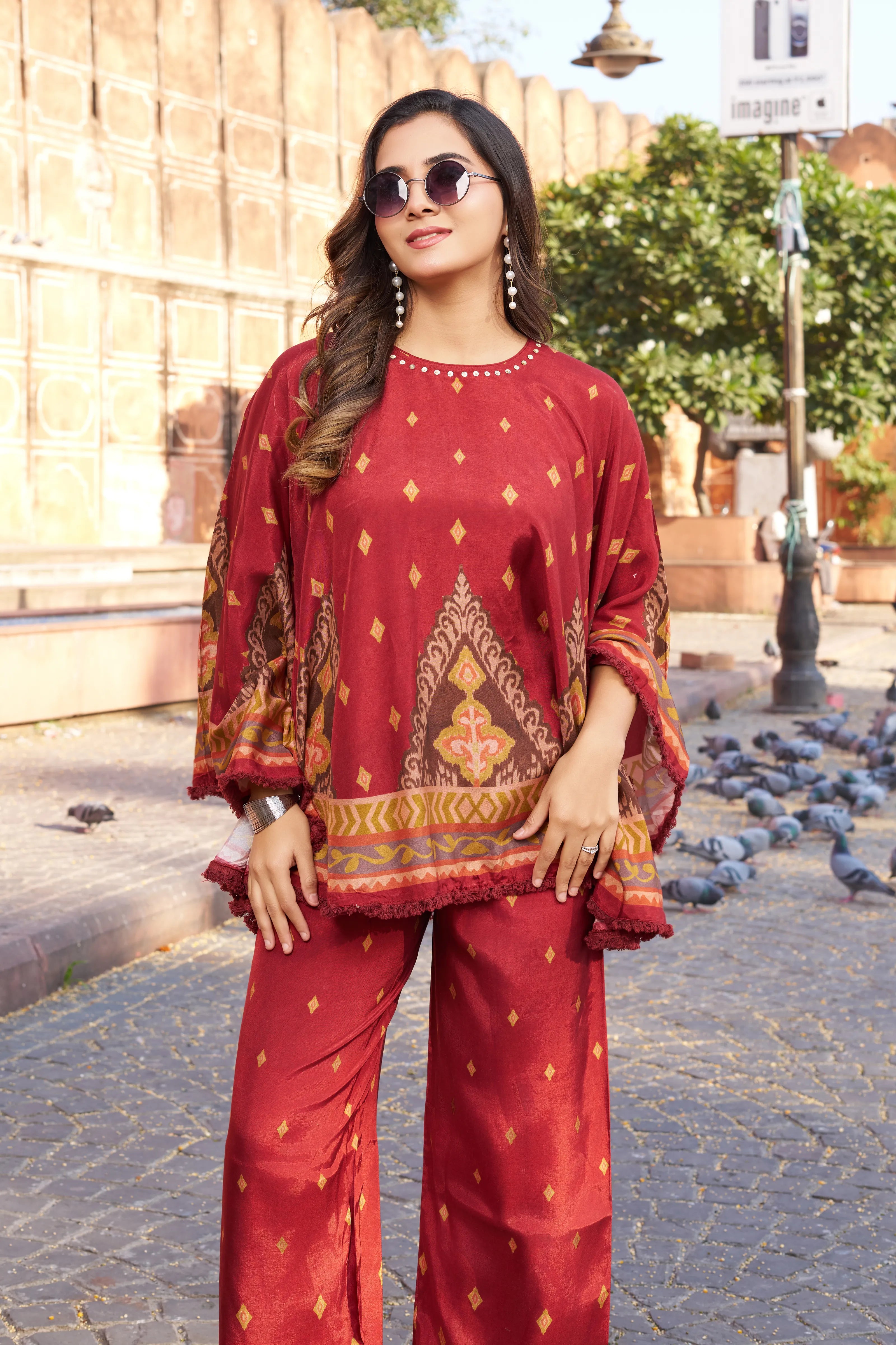 Rust Red Geometric Border Sequin Co-ord Set in Viscose Silk