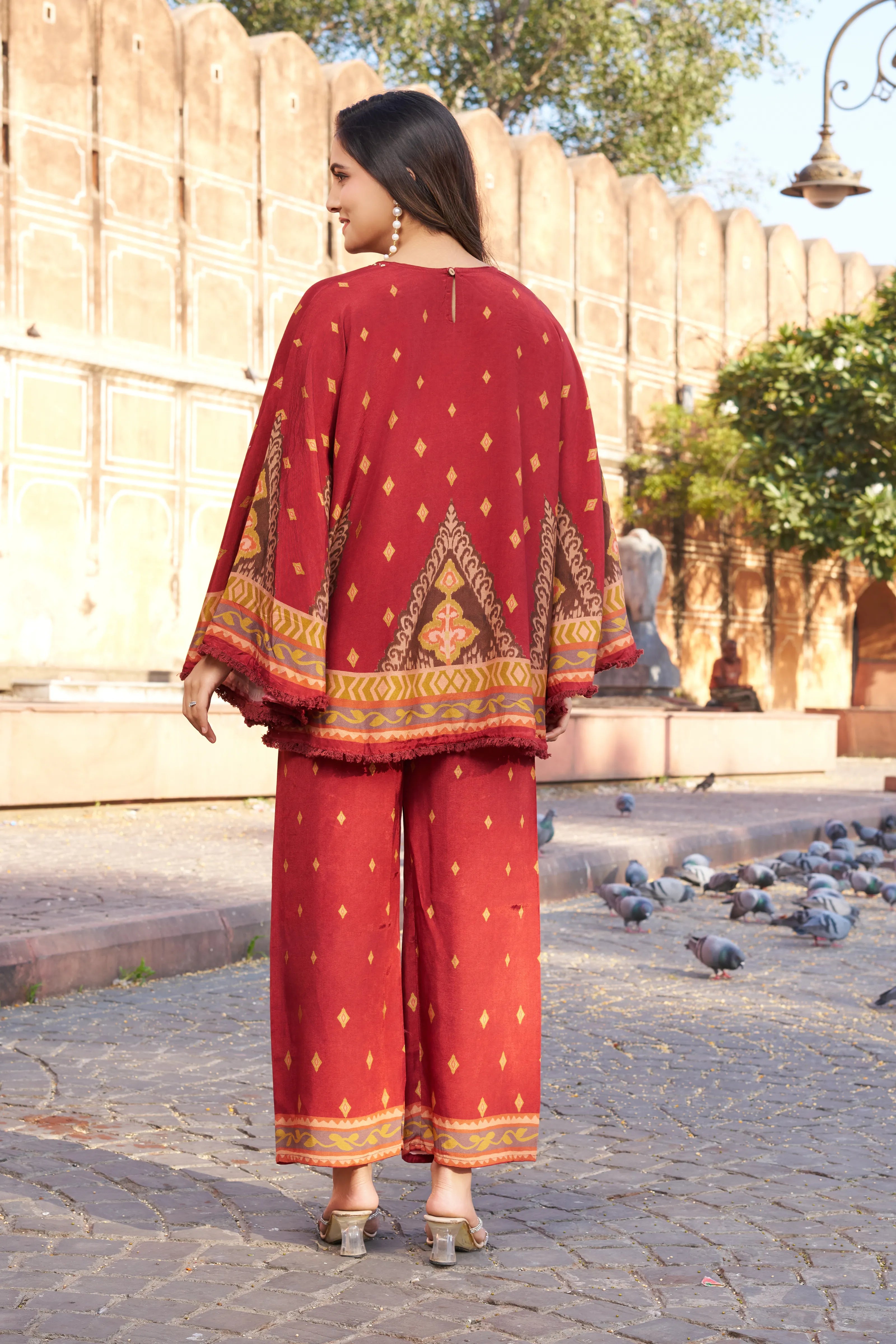 Rust Red Geometric Border Sequin Co-ord Set in Viscose Silk