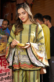 Green Horse Motif Printed Co-ord Set in Viscose Silk