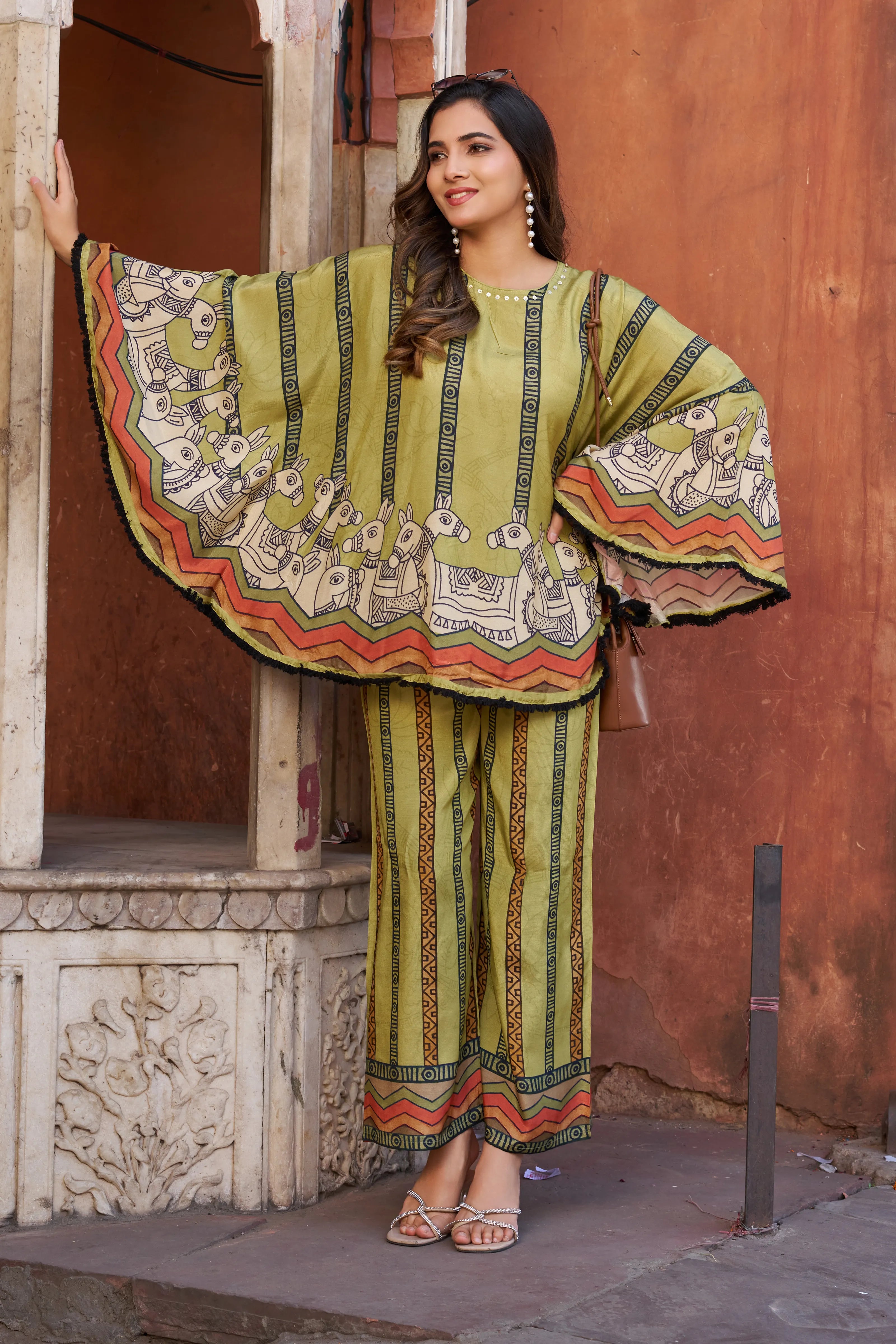 Green Horse Motif Printed Co-ord Set in Viscose Silk