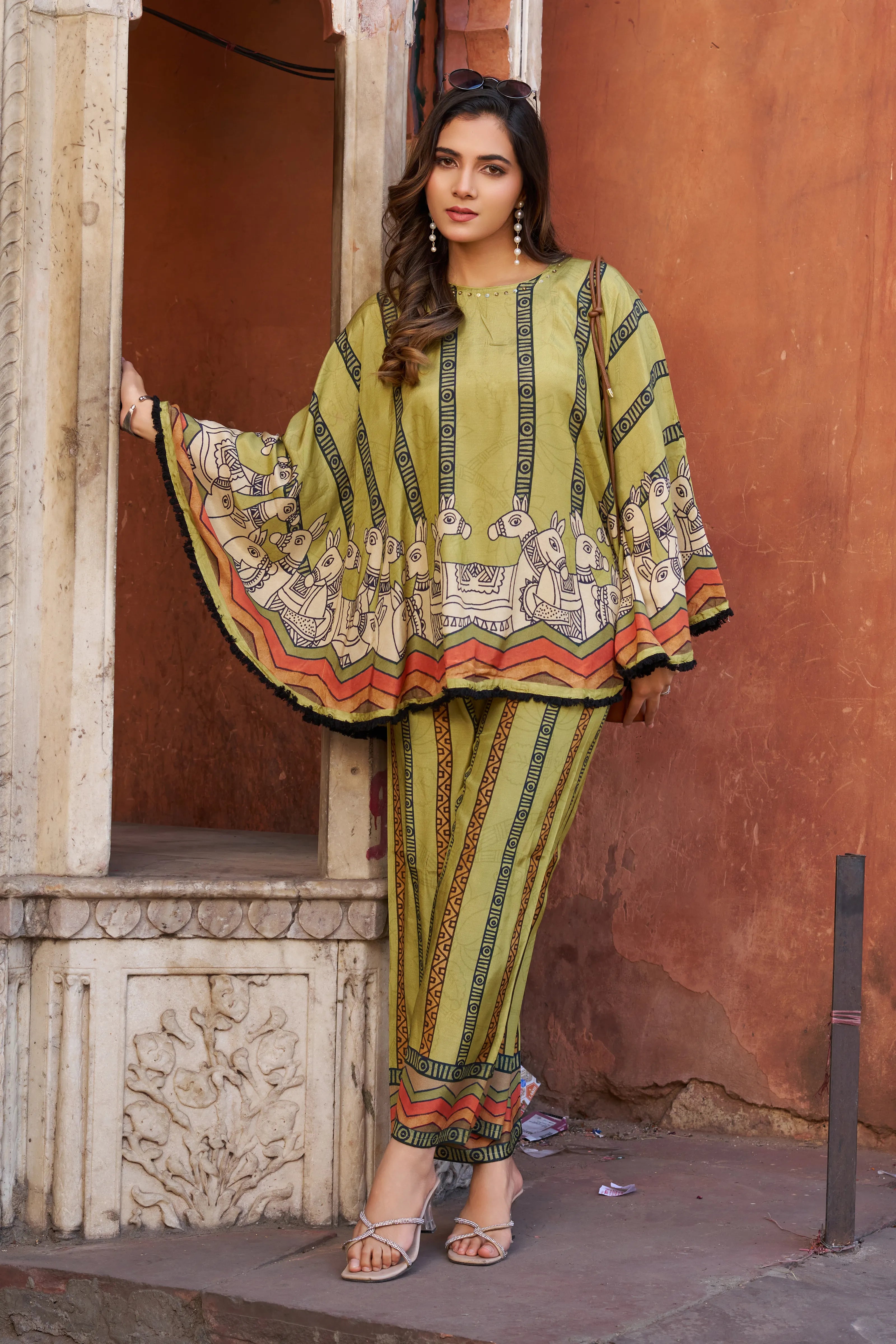 Green Horse Motif Printed Co-ord Set in Viscose Silk