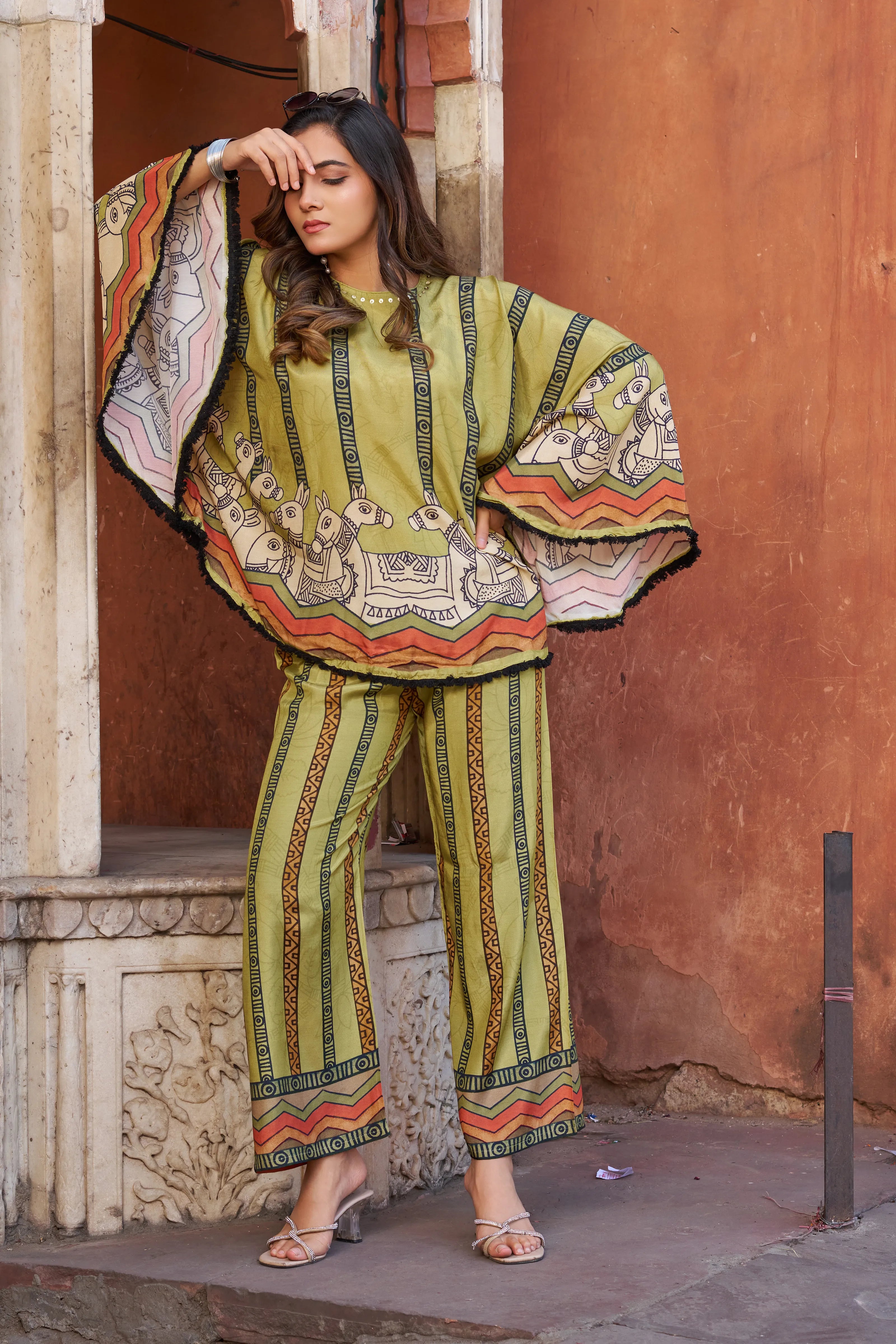 Green Horse Motif Printed Co-ord Set in Viscose Silk