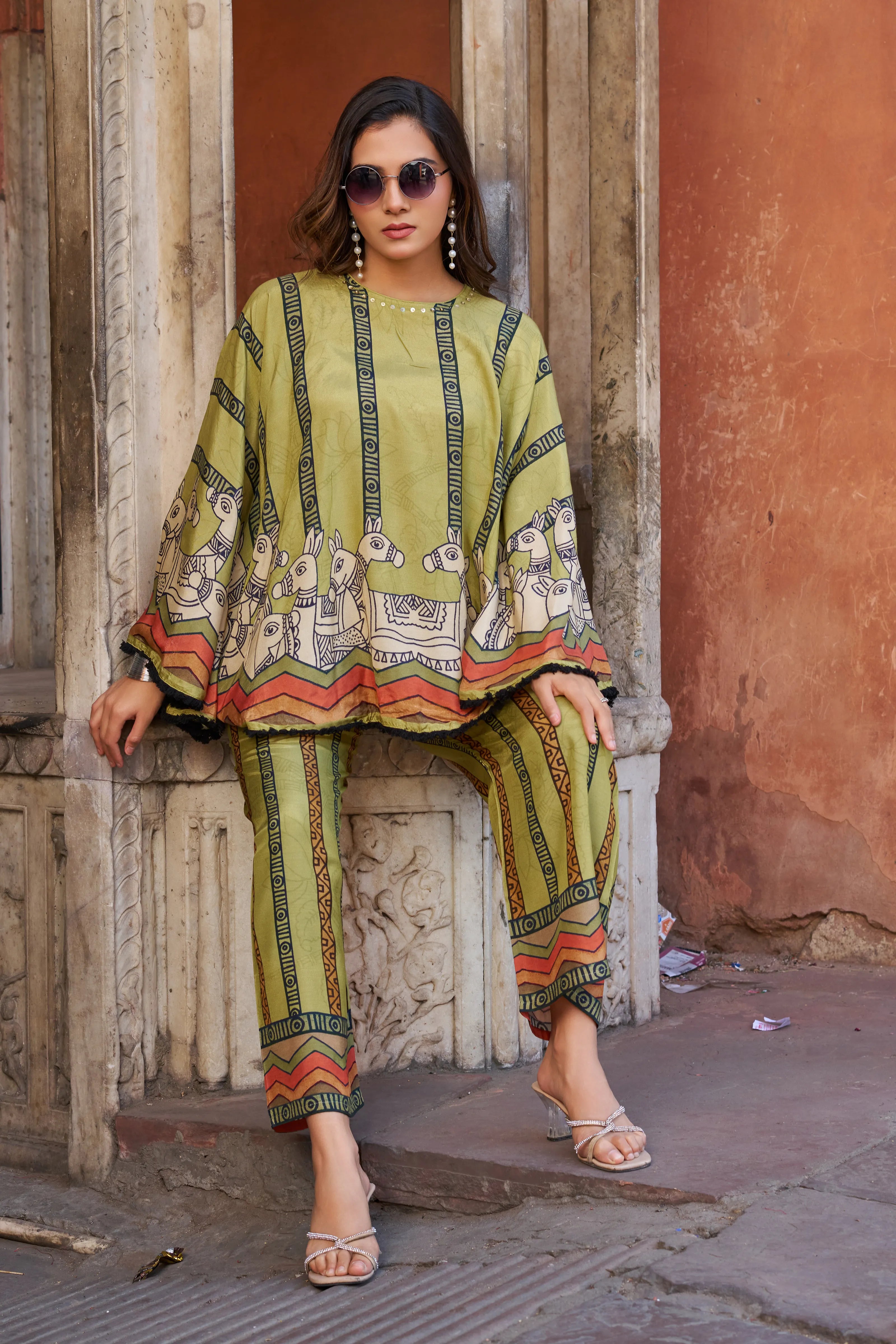 Green Horse Motif Printed Co-ord Set in Viscose Silk