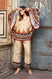 Cream Base Geometric Border Sequin Co-ord Set in Viscose Silk