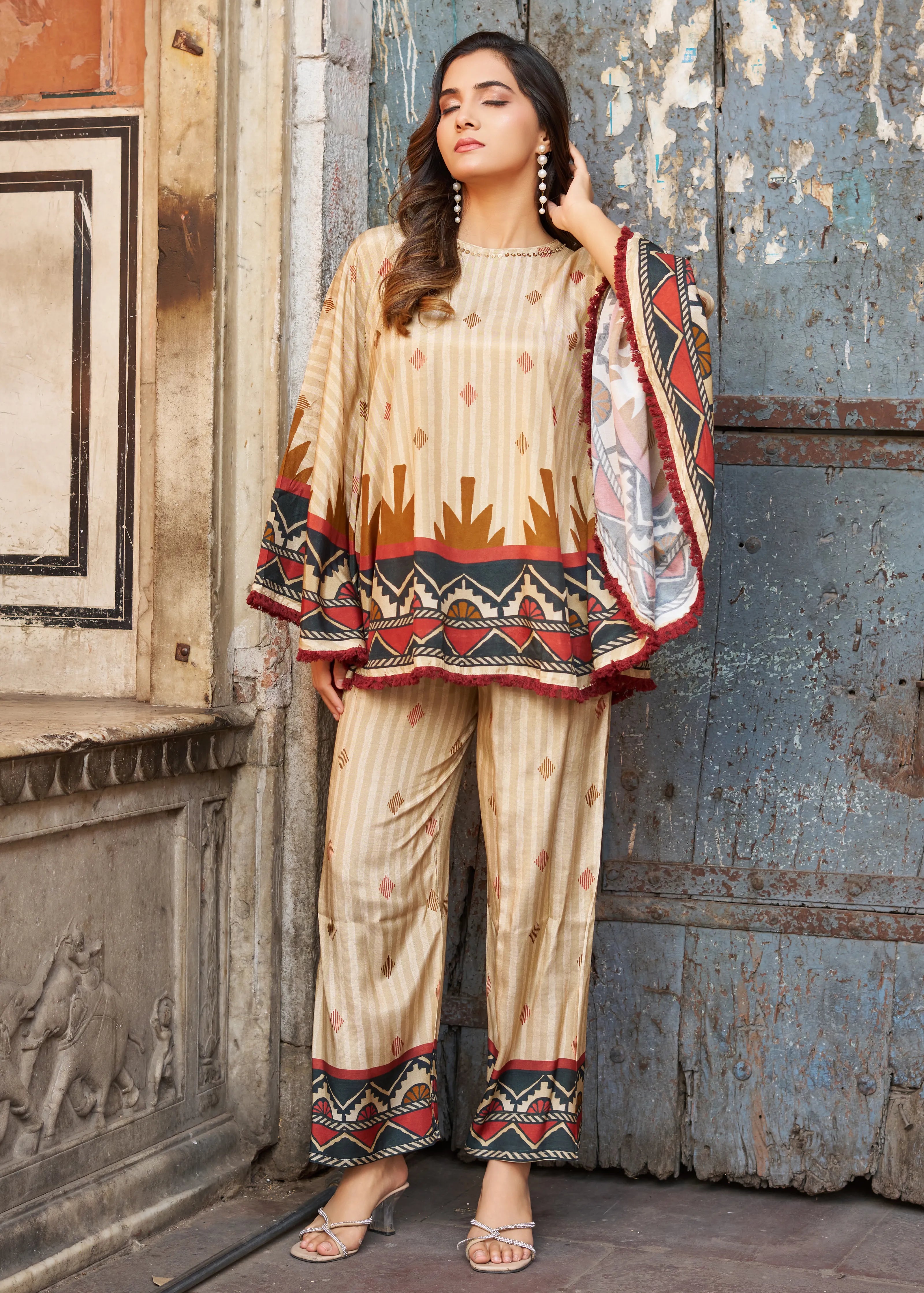 Cream Base Geometric Border Sequin Co-ord Set in Viscose Silk