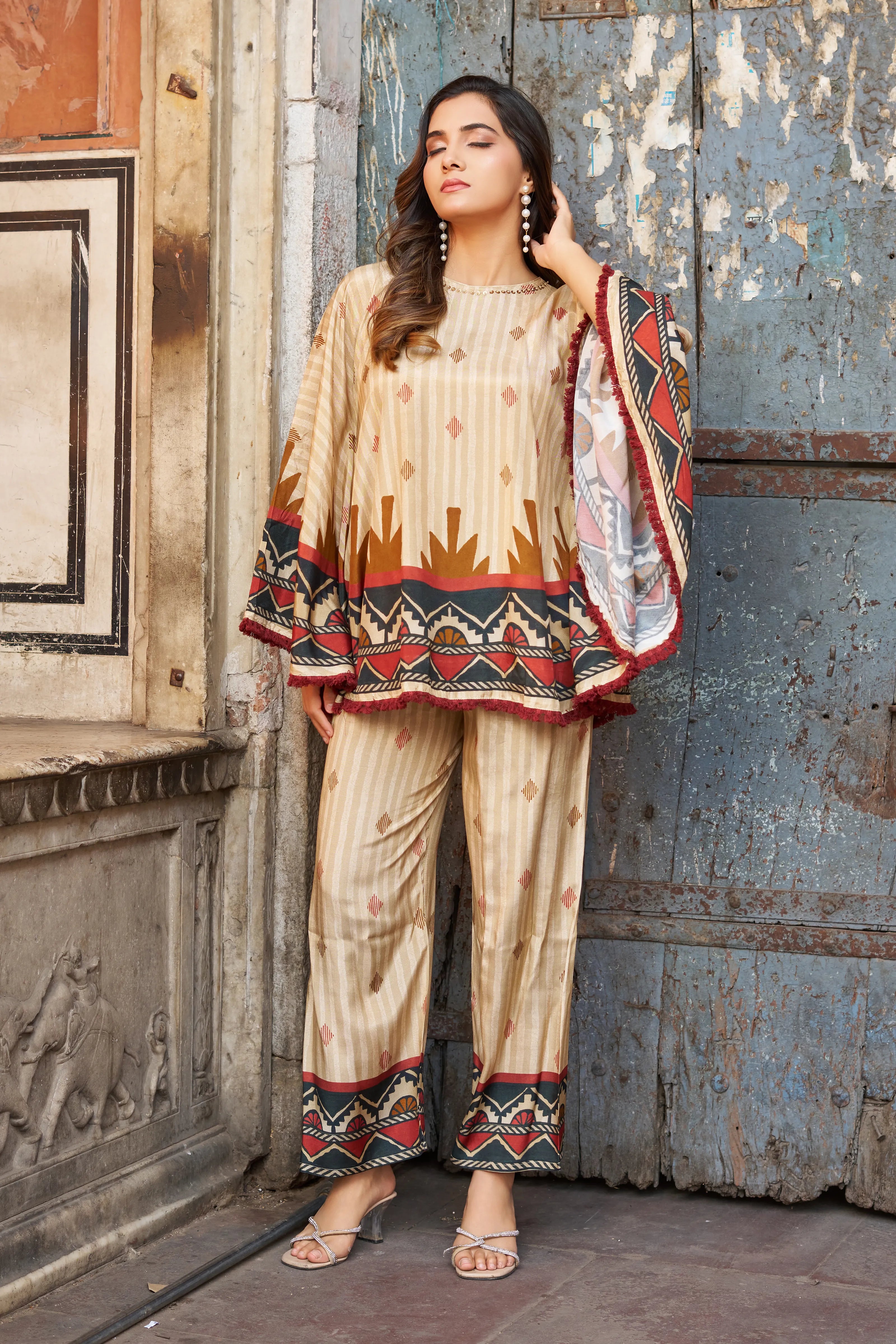 Cream Base Geometric Border Sequin Co-ord Set in Viscose Silk