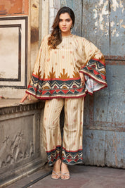 Cream Base Geometric Border Sequin Co-ord Set in Viscose Silk