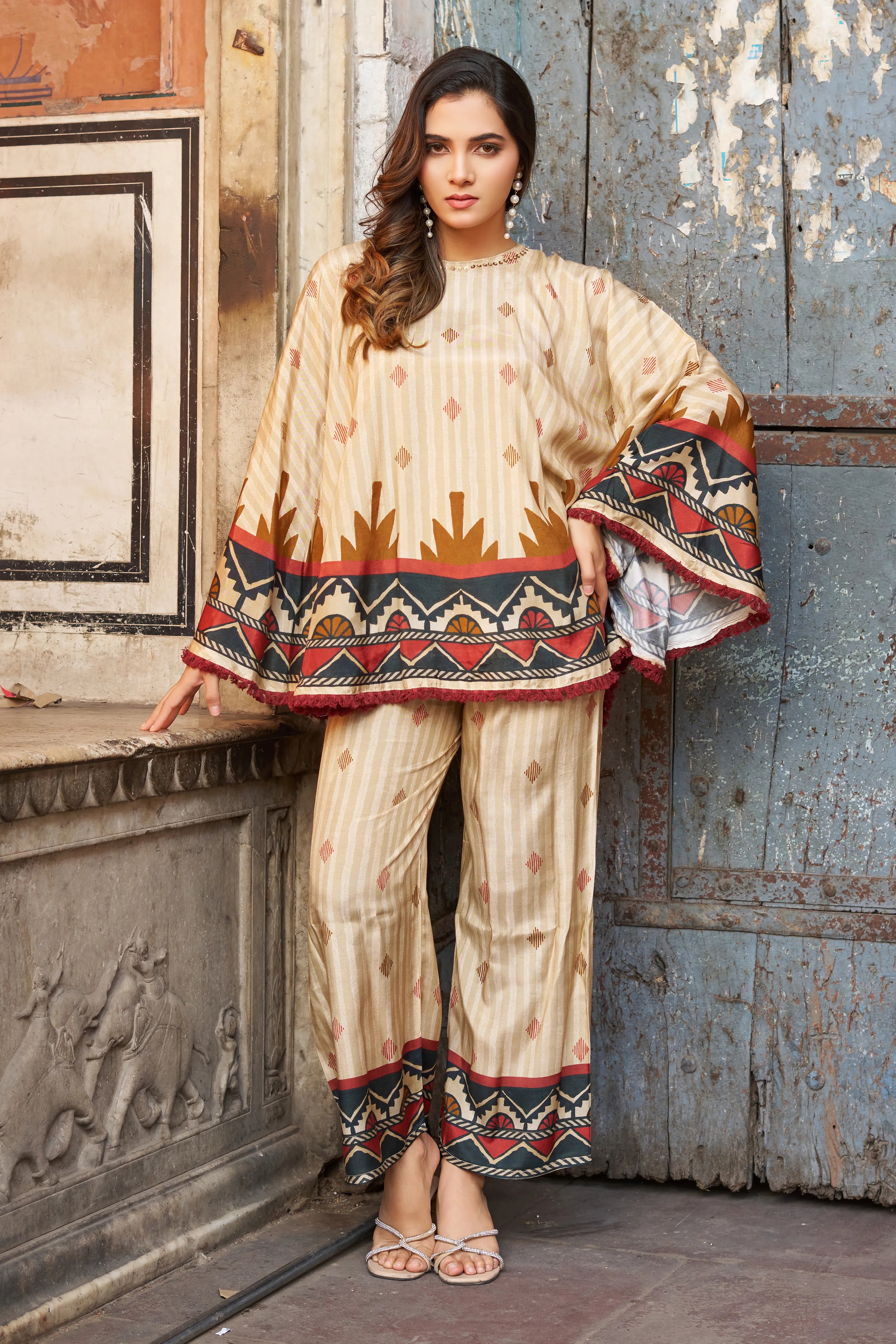 Cream Base Geometric Border Sequin Co-ord Set in Viscose Silk