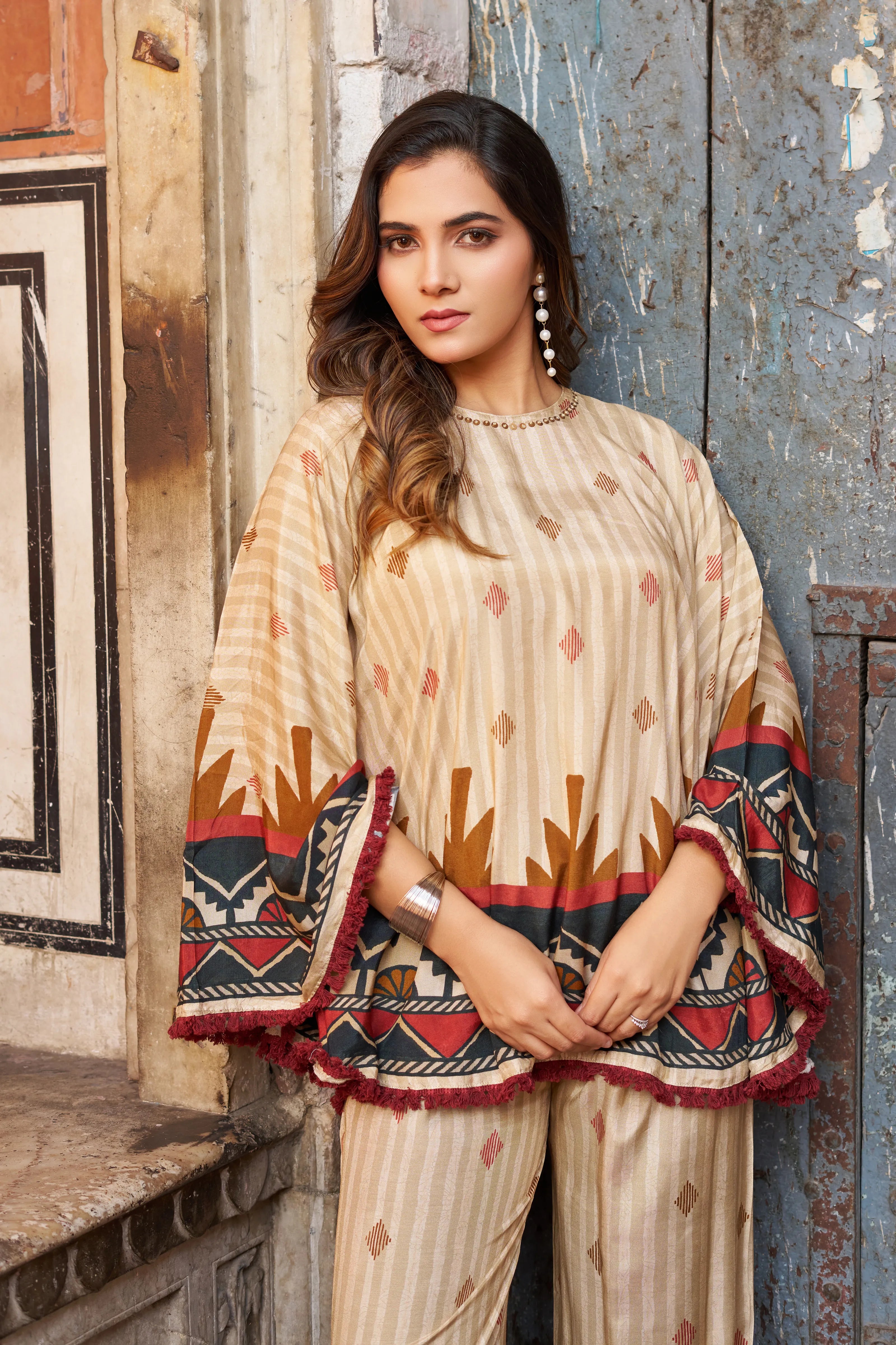 Cream Base Geometric Border Sequin Co-ord Set in Viscose Silk