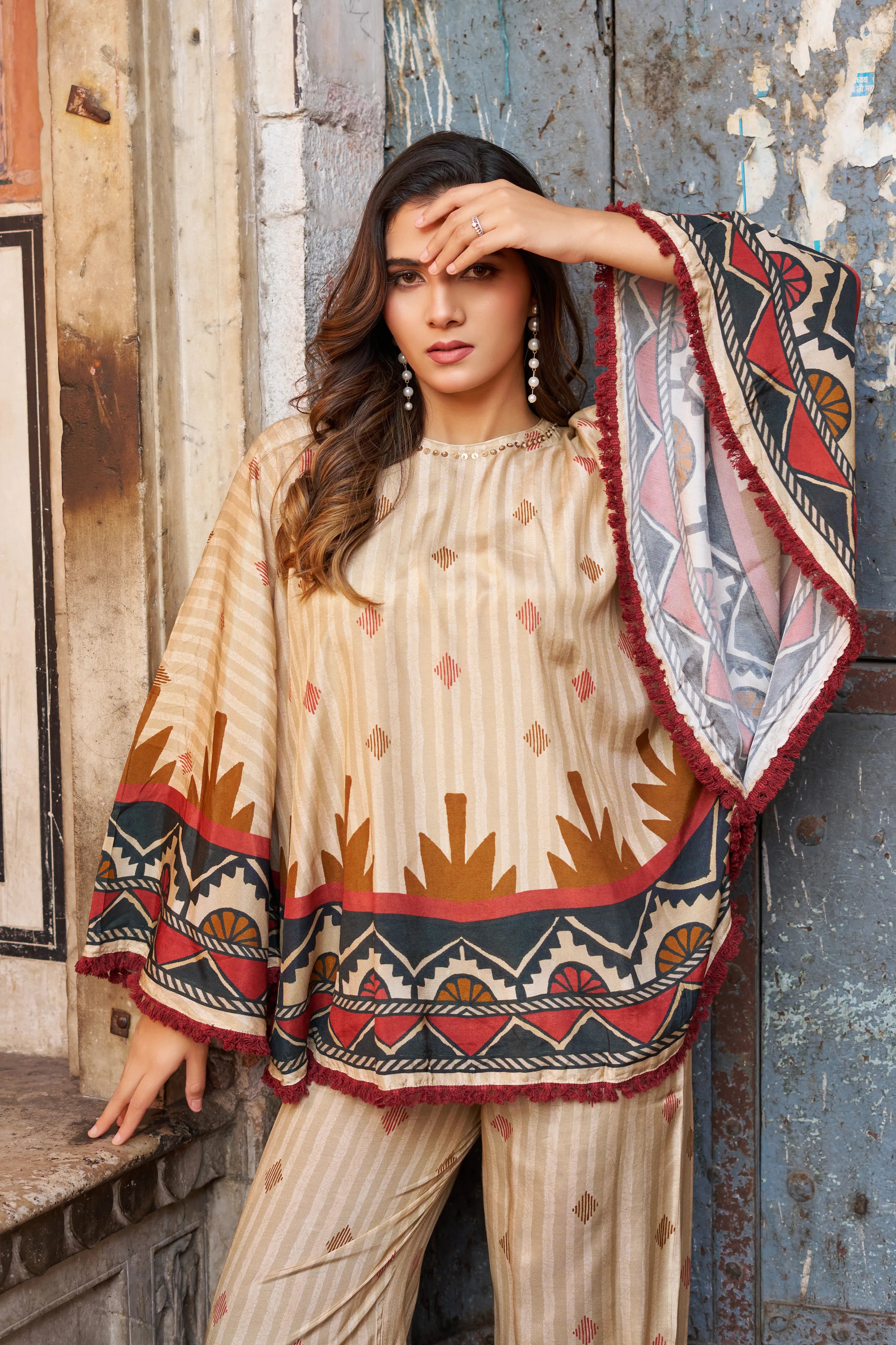 Cream Base Geometric Border Sequin Co-ord Set in Viscose Silk