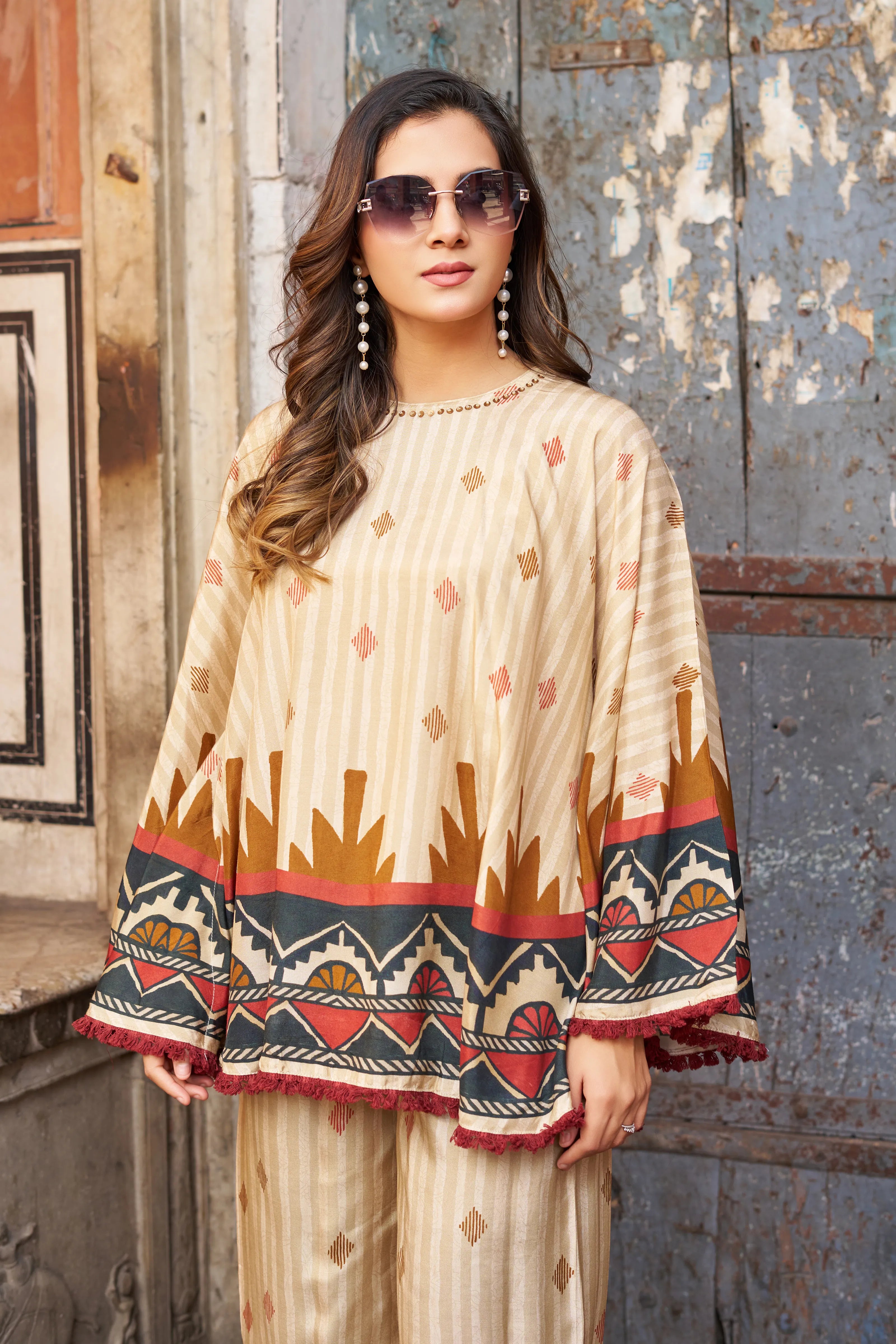 Cream Base Geometric Border Sequin Co-ord Set in Viscose Silk