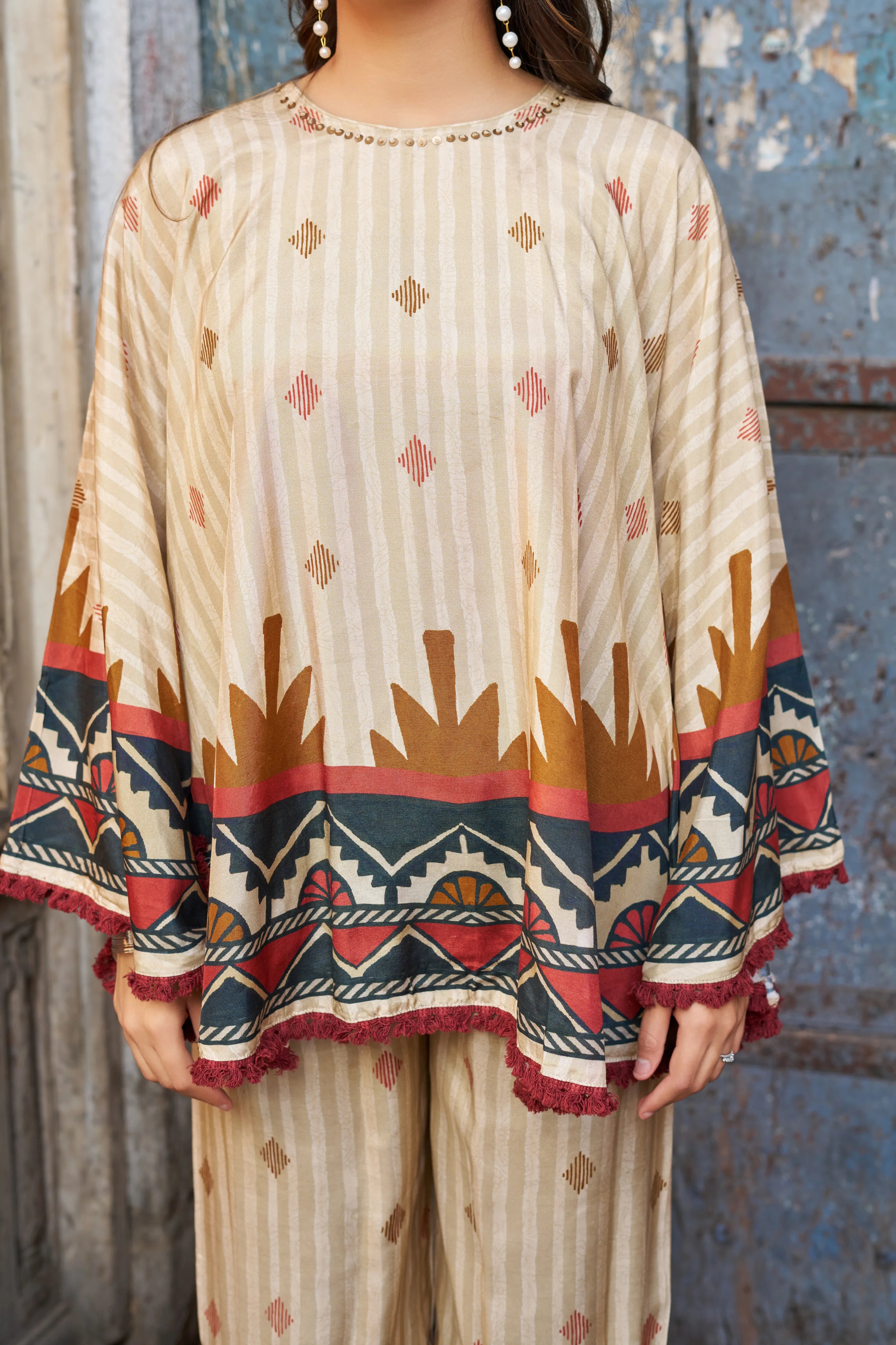 Cream Base Geometric Border Sequin Co-ord Set in Viscose Silk