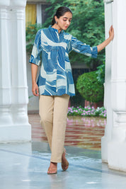 Ocean Blue Abstract Gold Foil Rayon Tunic