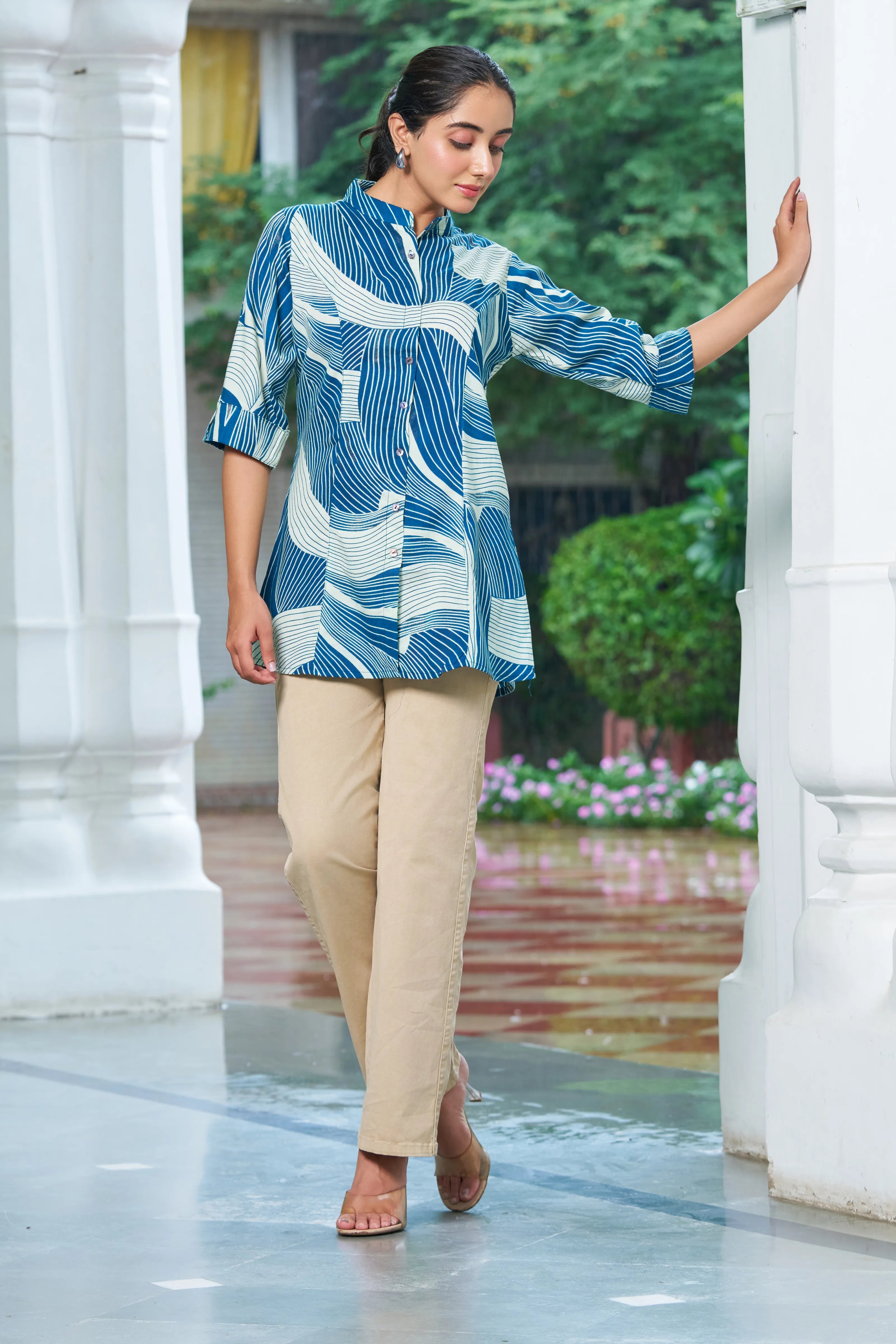 Ocean Blue Abstract Gold Foil Rayon Tunic