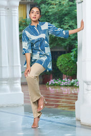 Ocean Blue Abstract Gold Foil Rayon Tunic