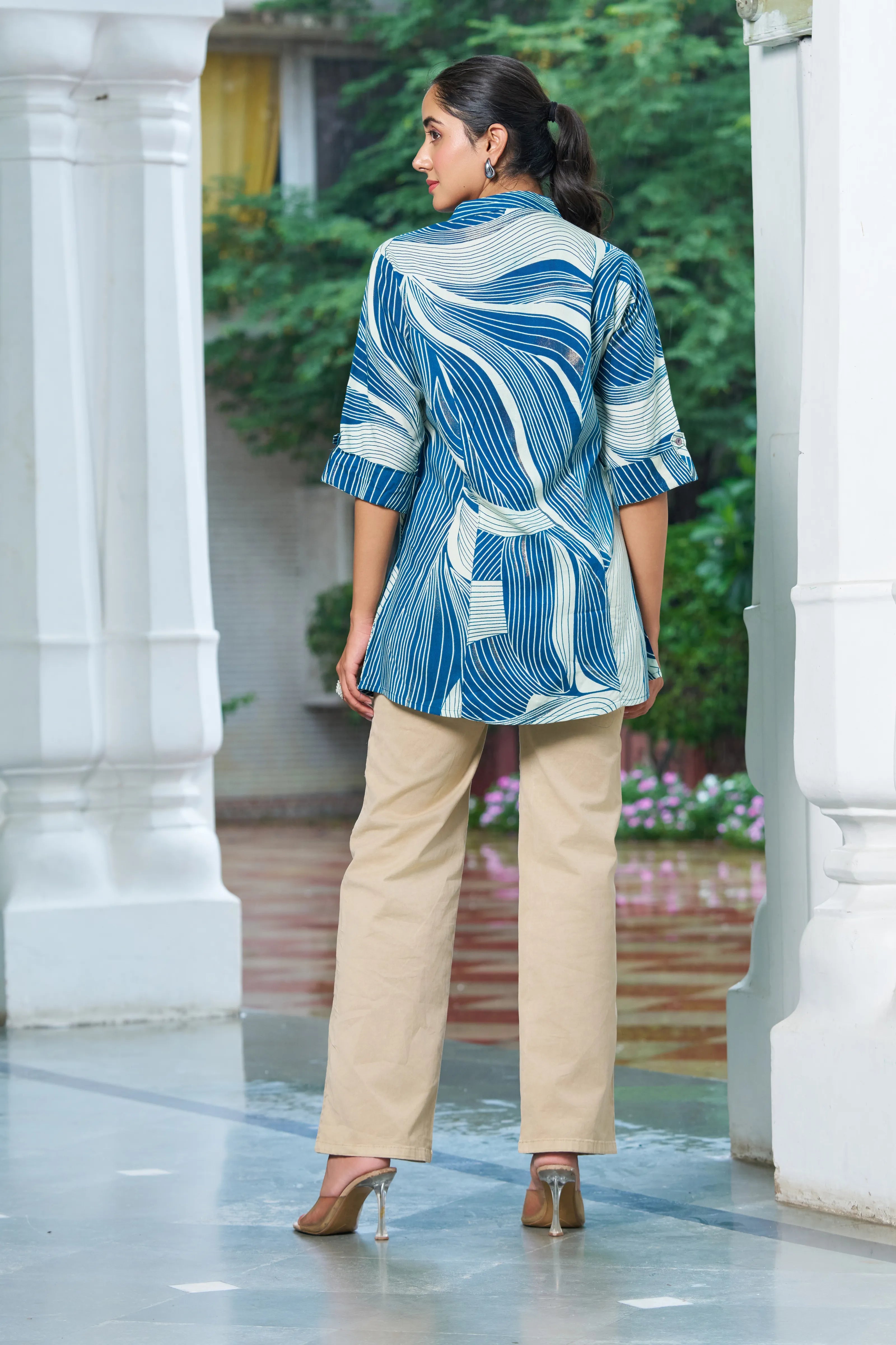 Ocean Blue Abstract Gold Foil Rayon Tunic