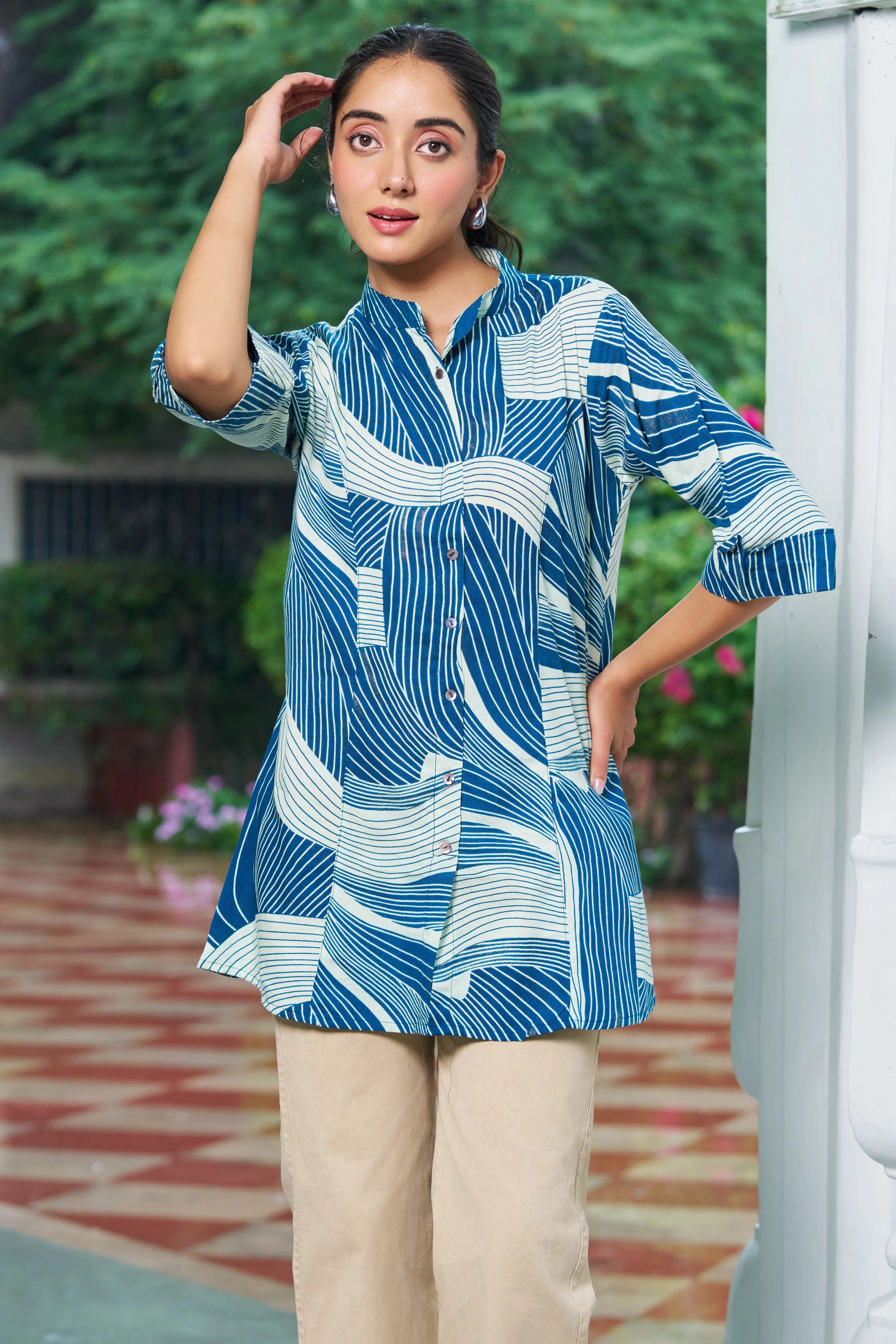 Ocean Blue Abstract Gold Foil Rayon Tunic