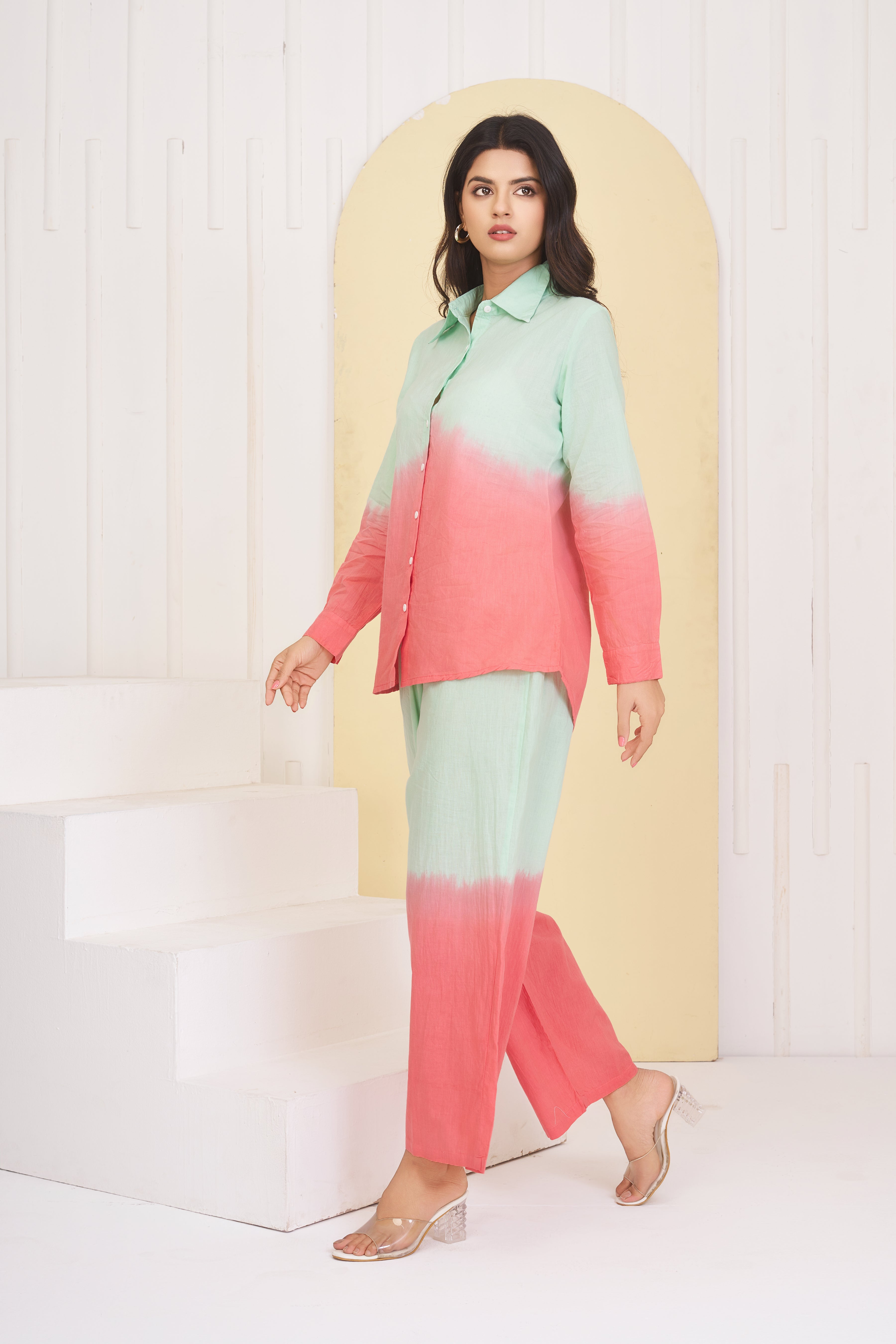 Mint Green & Orange Dyed Cambric Cotton Co-ord Set