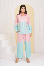 Pastel Blue - Pink Dyed Cambric Cotton  Co-ord Set