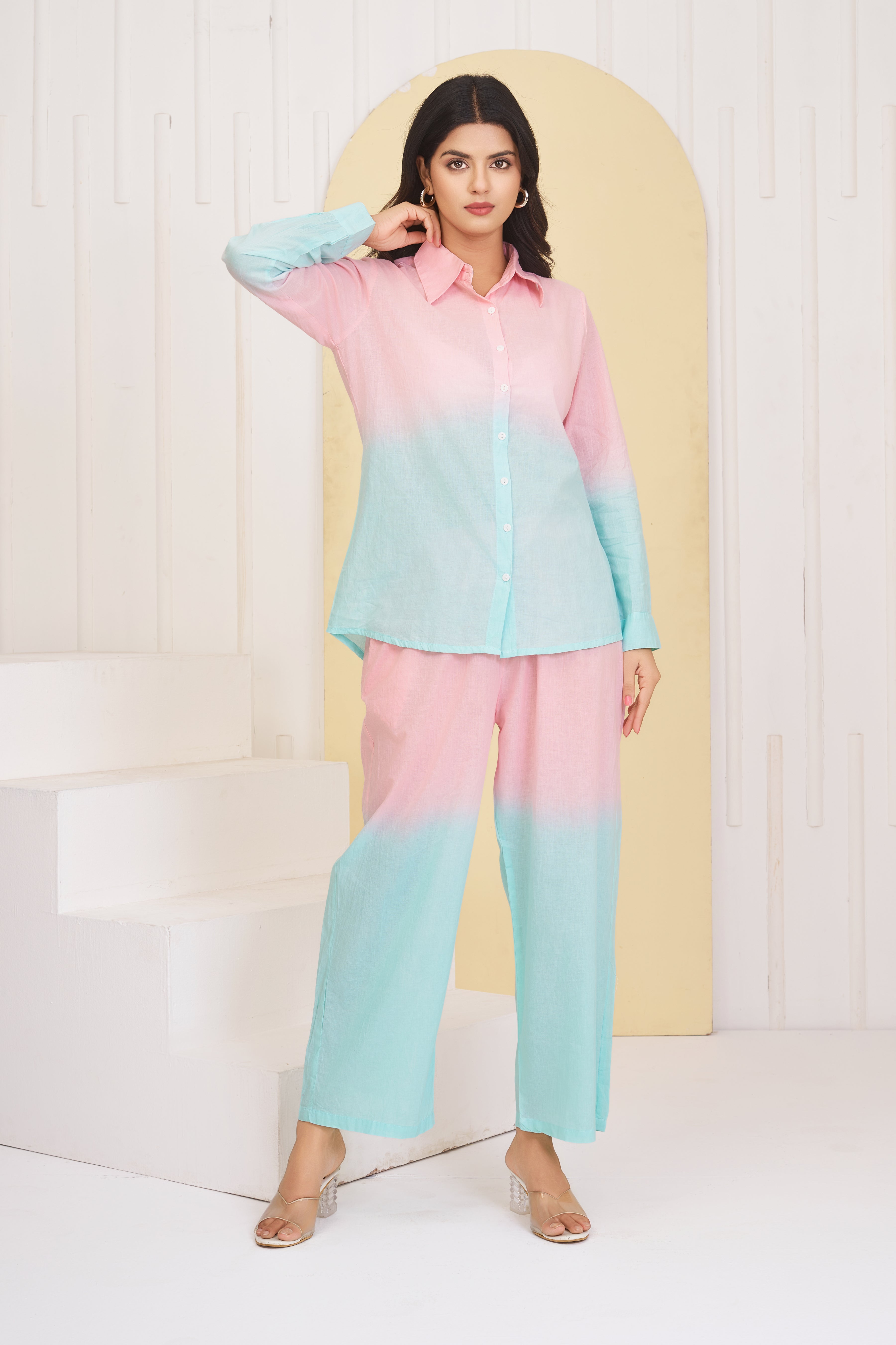 Pastel Blue - Pink Dyed Cambric Cotton  Co-ord Set